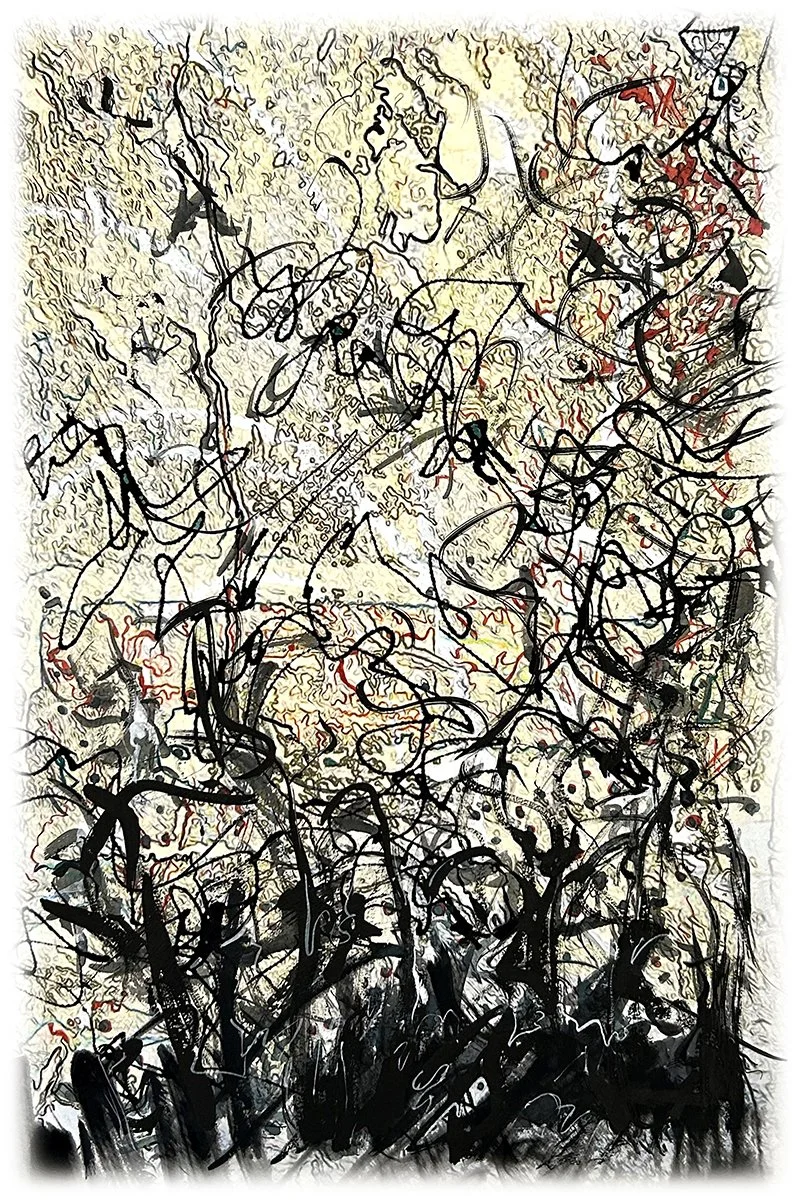 Crossings, 2025, 12"x18", Digital Collage with Mixed Media on Bamboo Rag Paper