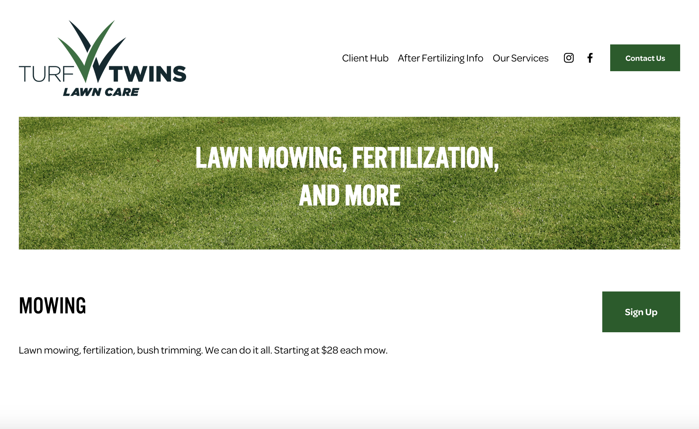Turf Twins Lawn Care webpage with logo and services information, including lawn mowing and fertilization. Features a "Contact Us" button and a "Sign Up" option.