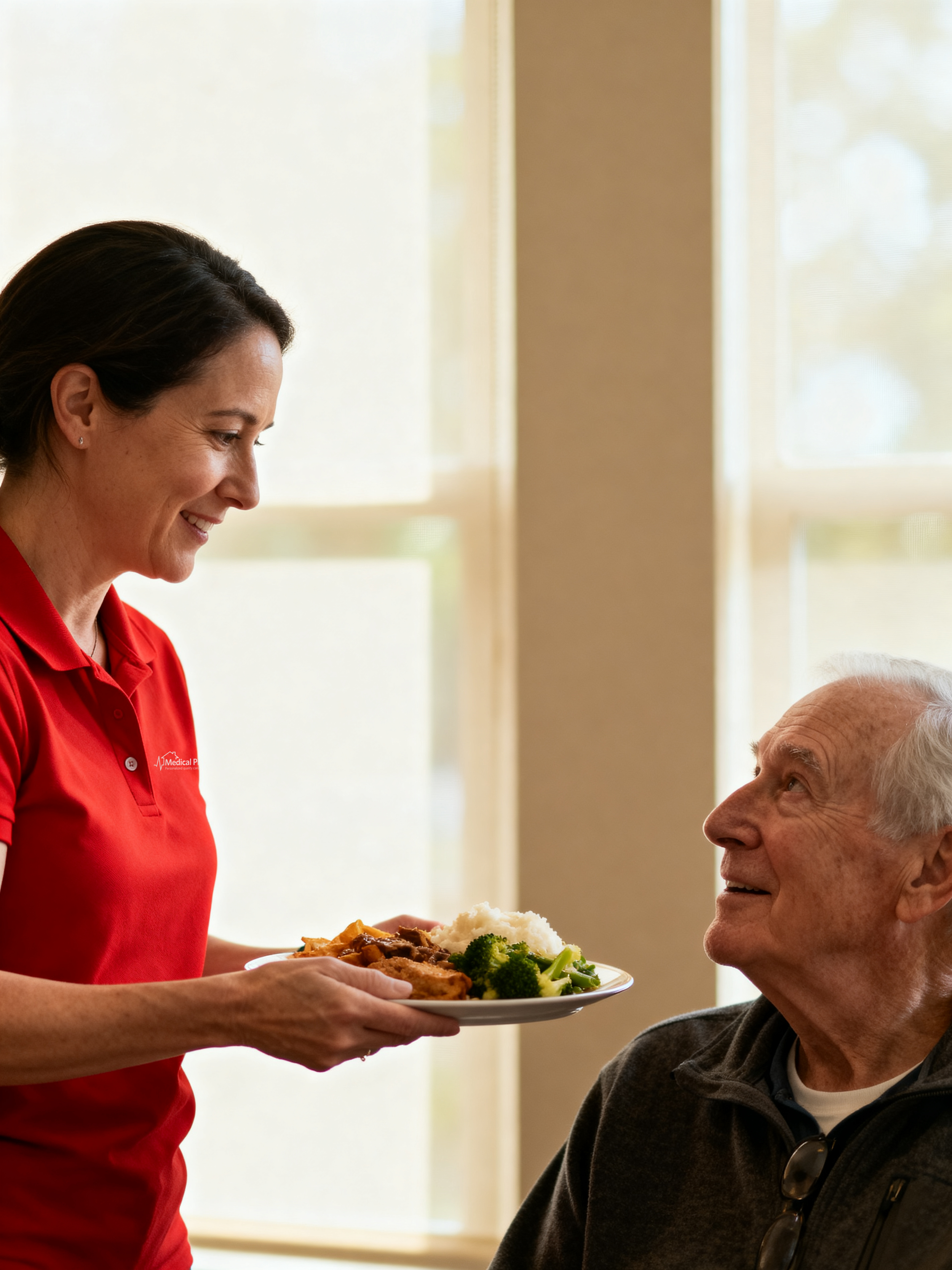 A Medical Priorities caregiver brings a man his dinner in his home