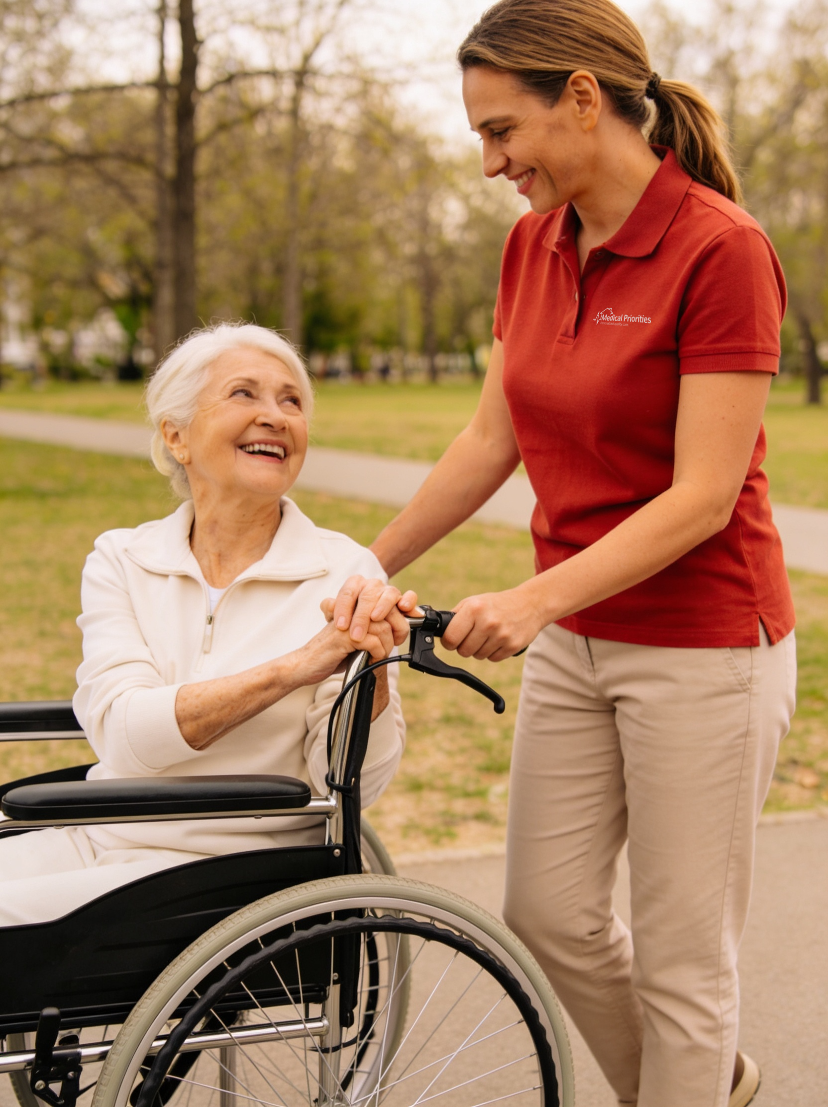 Female caregiver and woman in a wheelchair smile at each other while in a park
