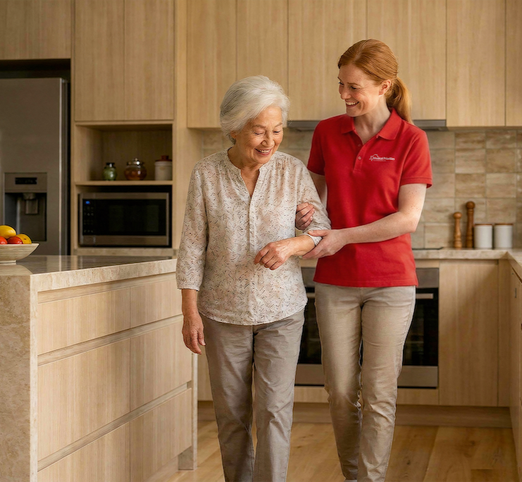 Caregiver providing quiet support to a senior in a comfortable home setting