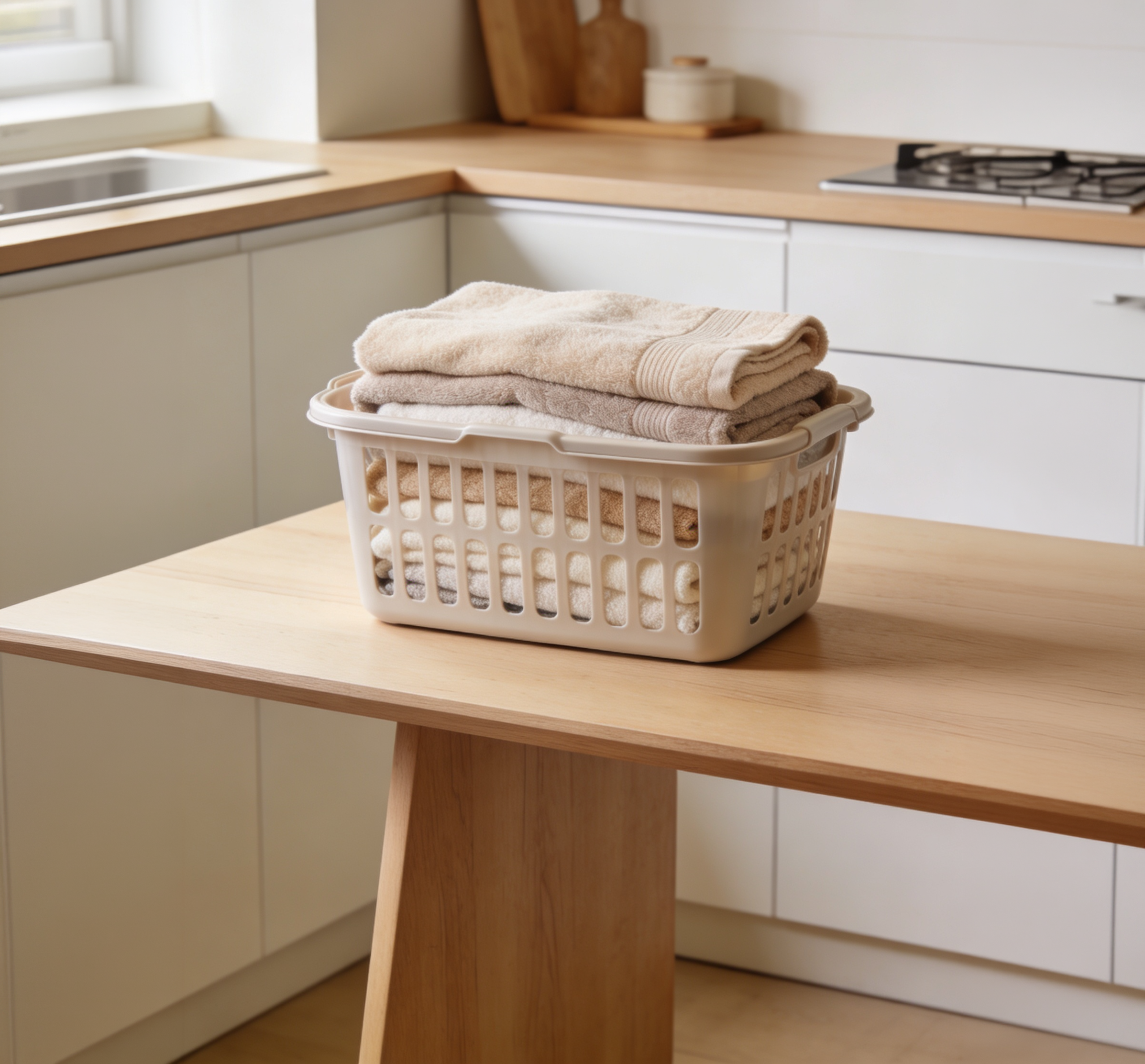 Basket of folded towels sits on a table in the kitchen