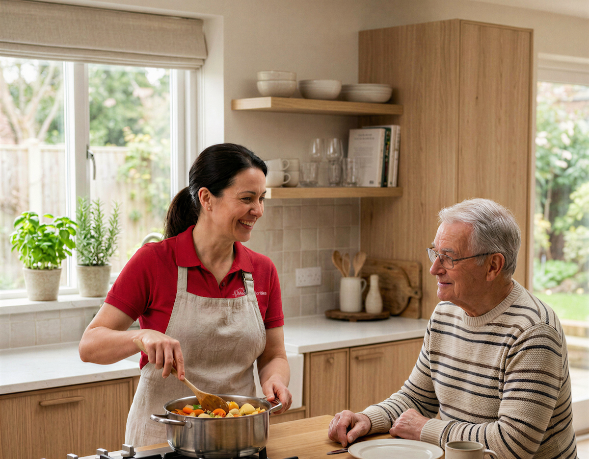 Caregiver preparing a meal with an older adult in a home kitchen