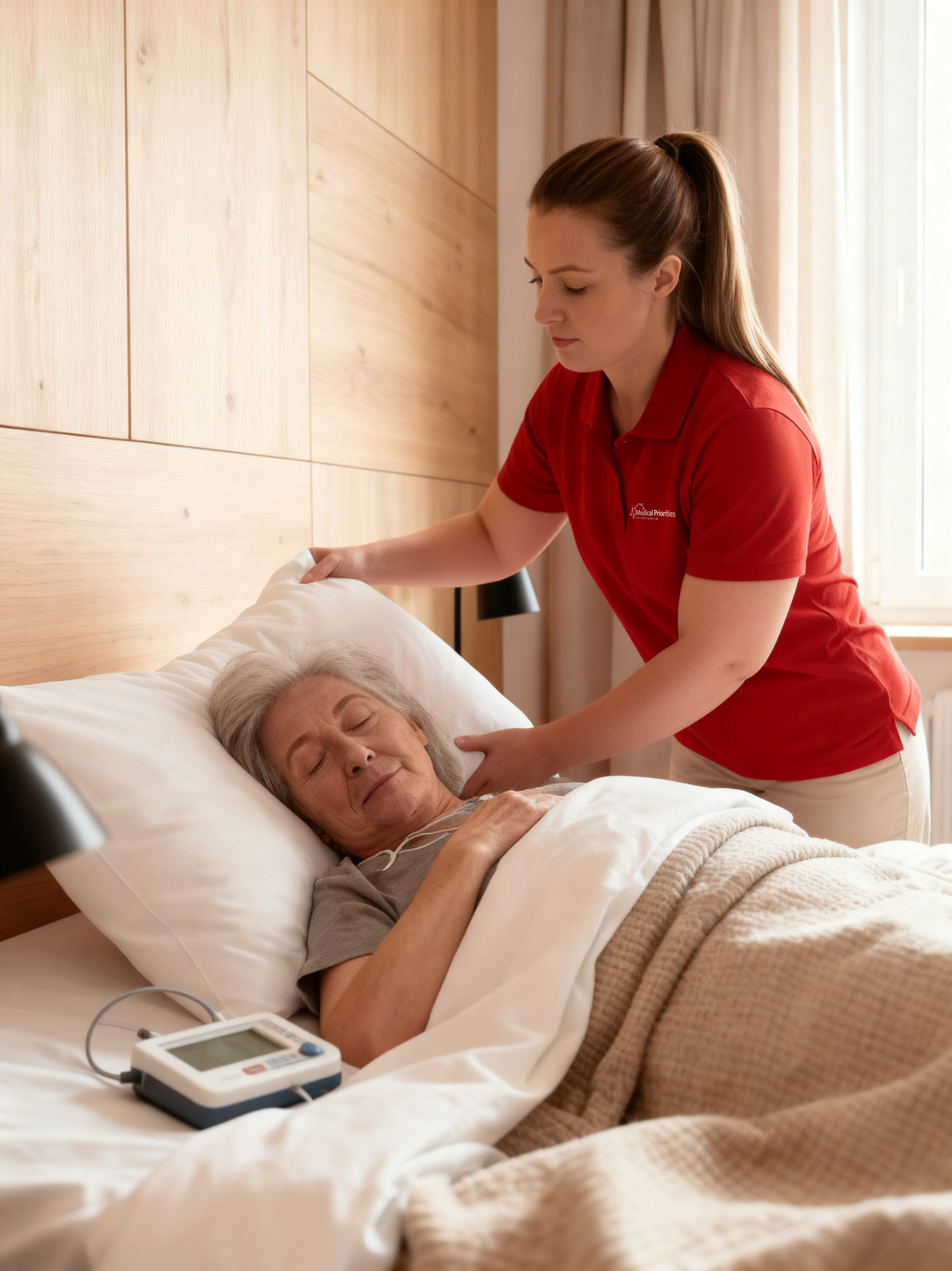 Medical Priorities caregiver ensures a senior is comfortable in their bed