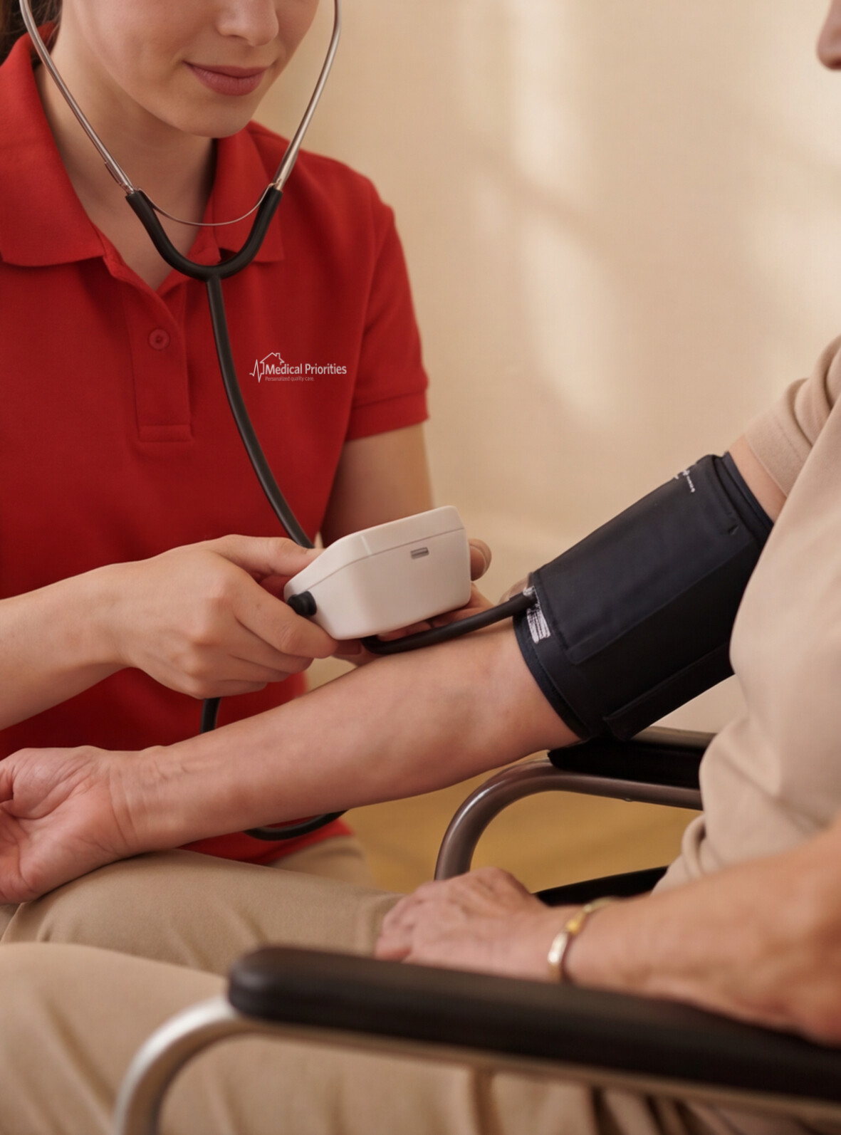 A Medical Priorities caregiver takes a woman's blood pressure