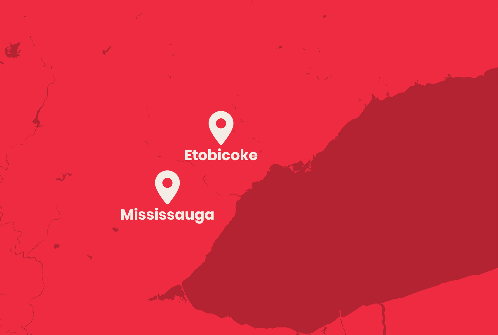 Map showing locations of Mississauga and Etobicoke in the Toronto area with location markers