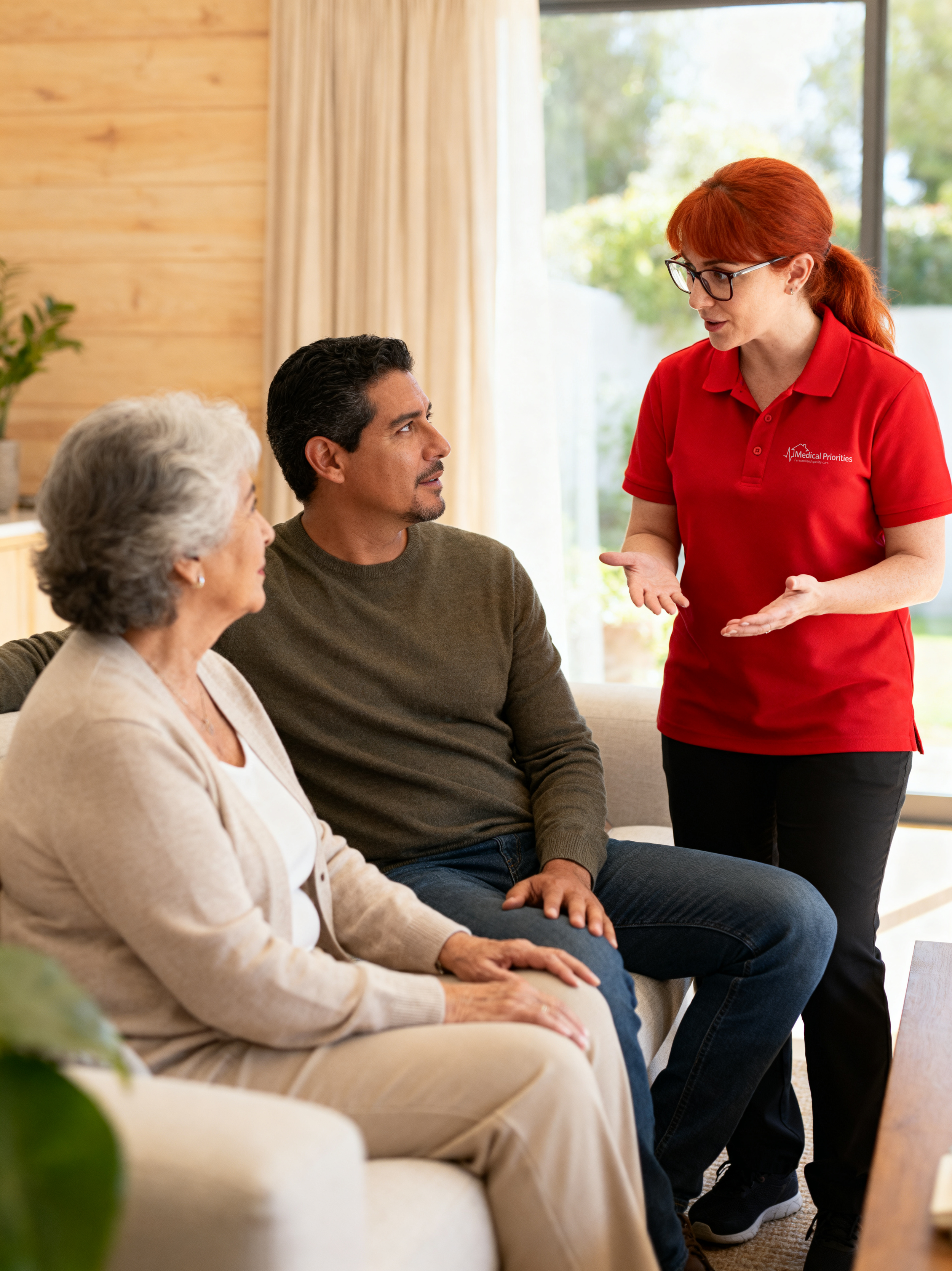 A female Medical Priorities caregiver talks to a man and his elderly mother
