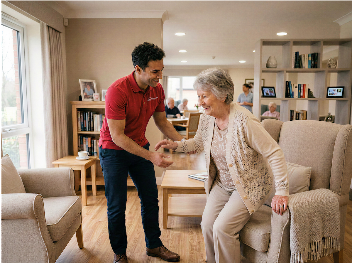 Caregiver providing one-on-one support to a resident in a retirement home
