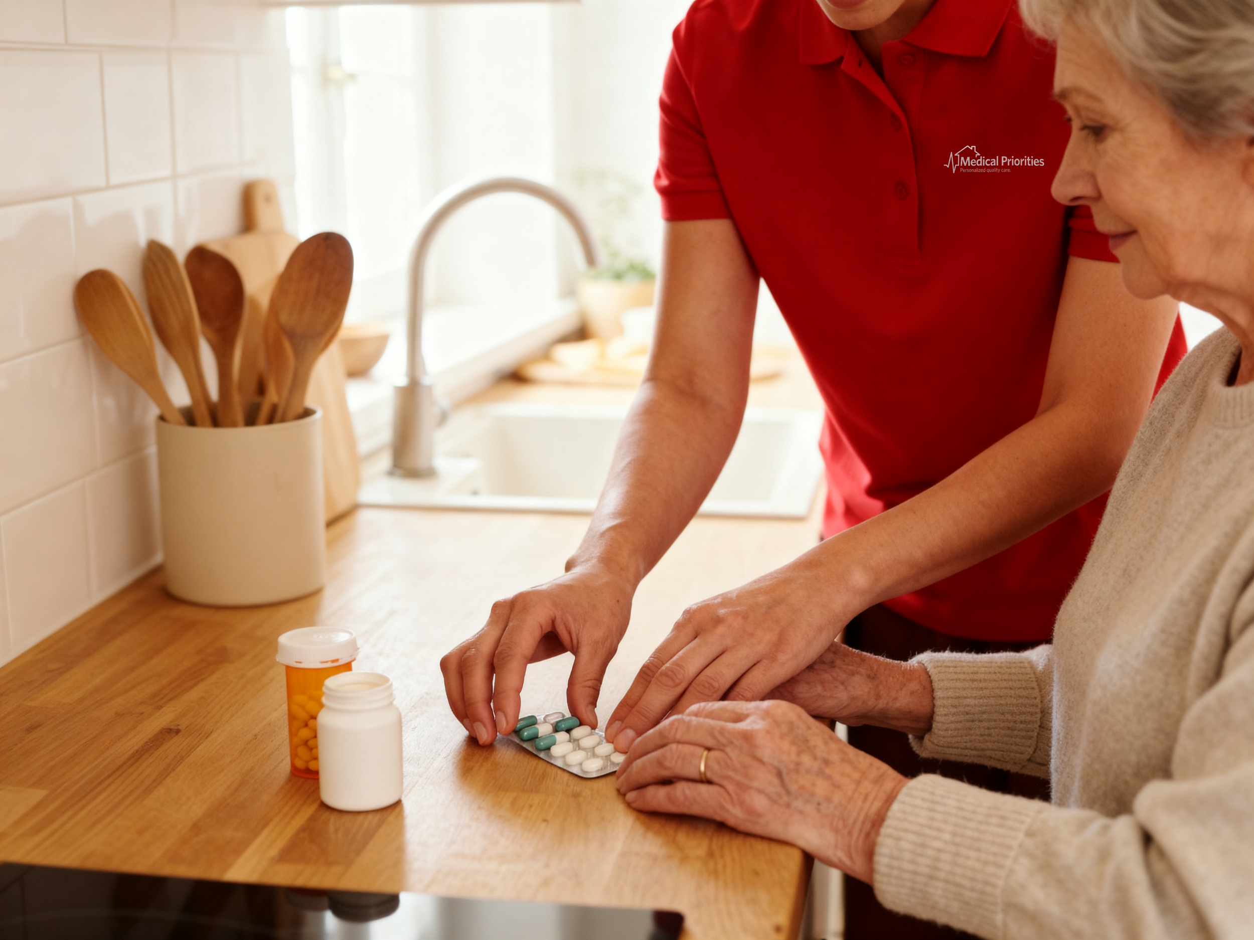 Medical Priorities caregiver assists woman wth her medication