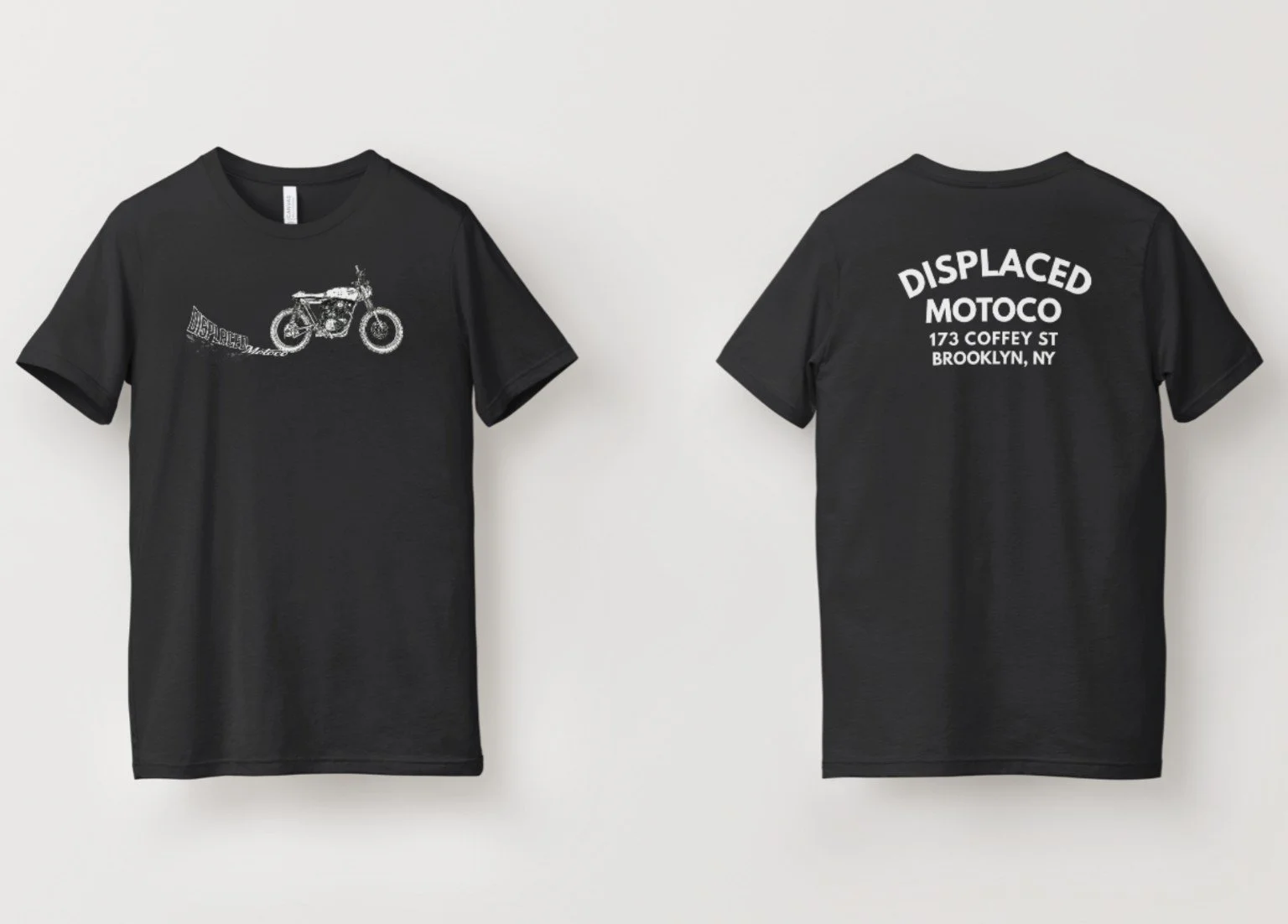 Motorcycle Sketch black tee with white motorcycle artwork, front and back