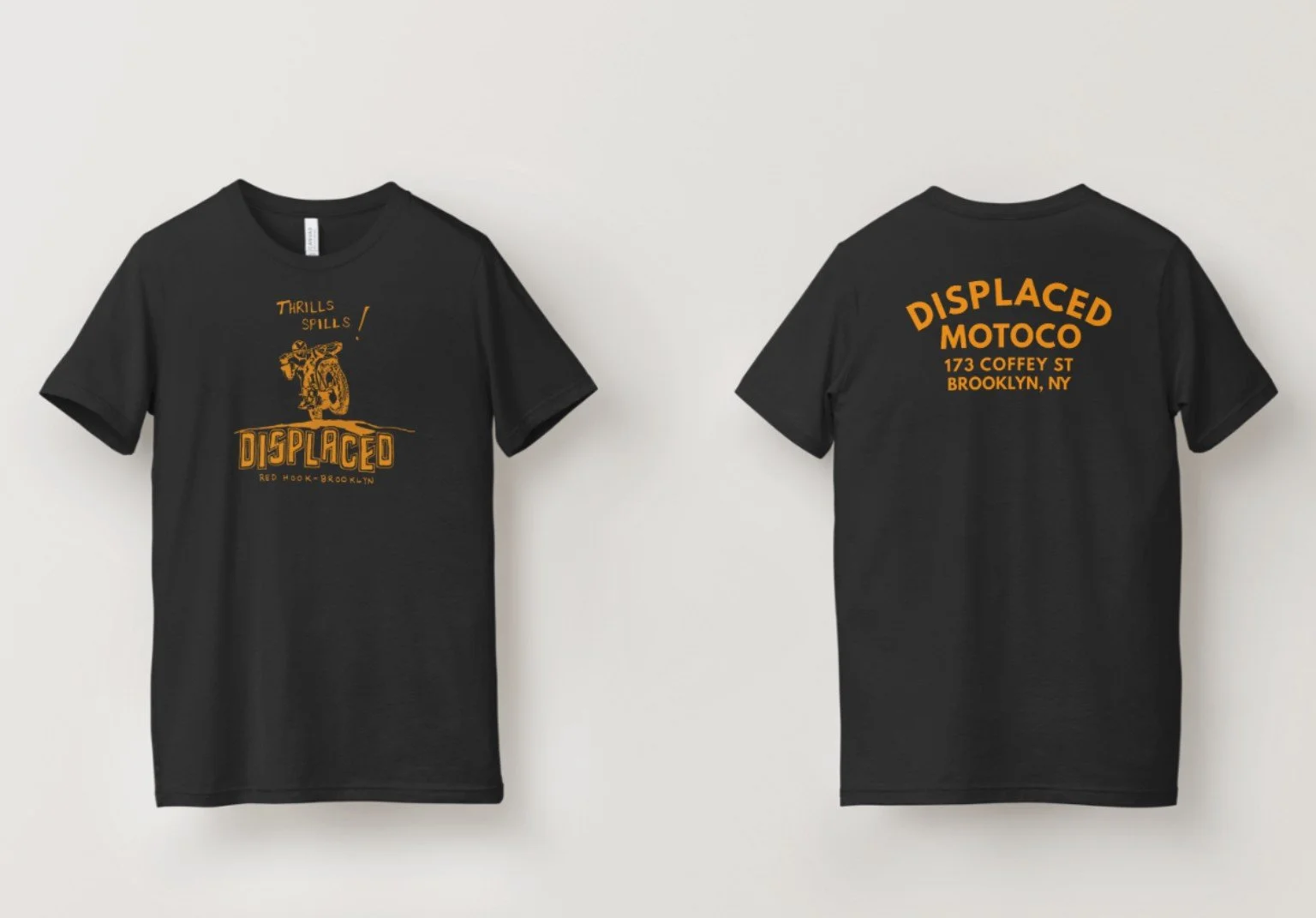 Thrills & Spills black tee with gold motorcycle graphic, front and back