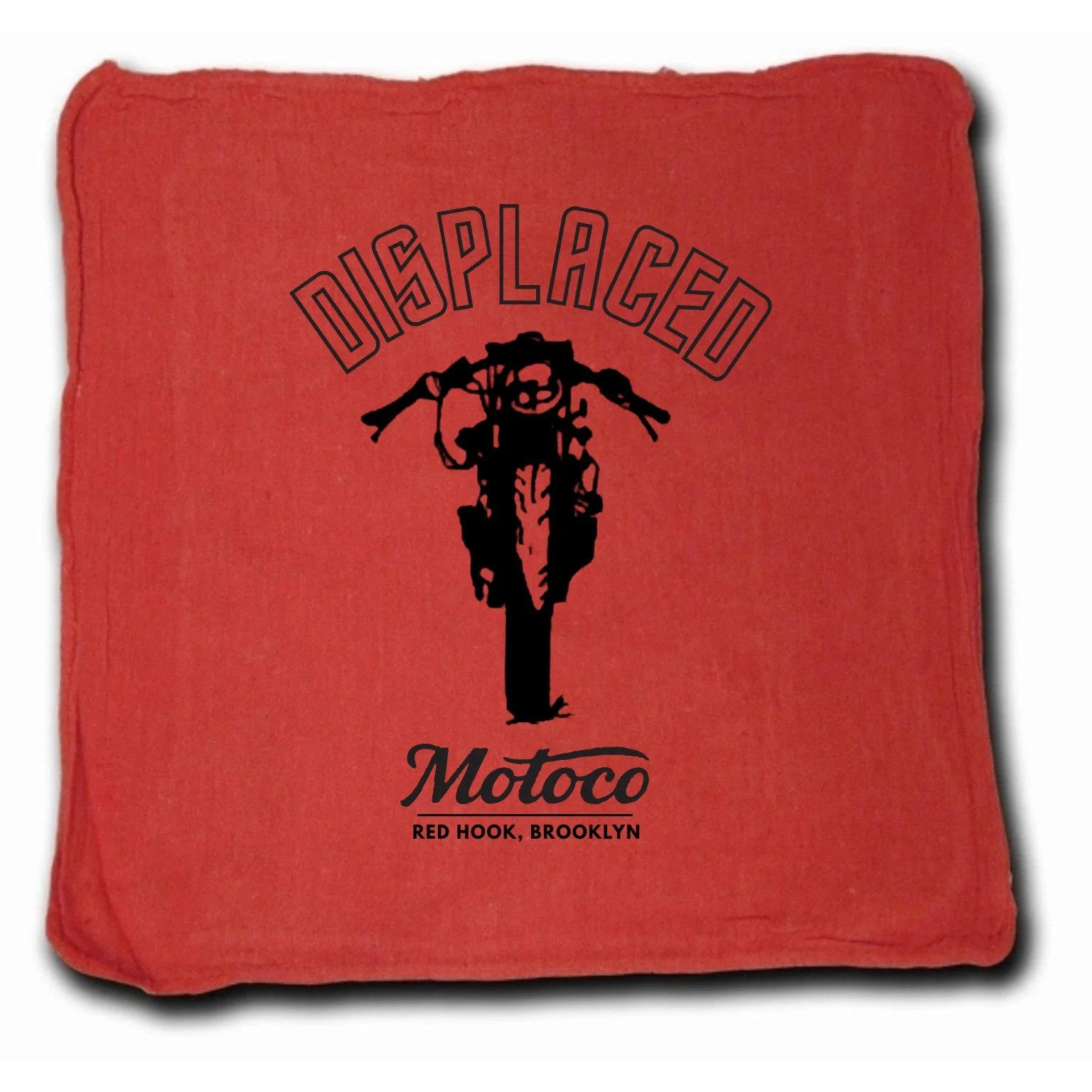 Red Displaced Motoco shop towel with black motorcycle artwork