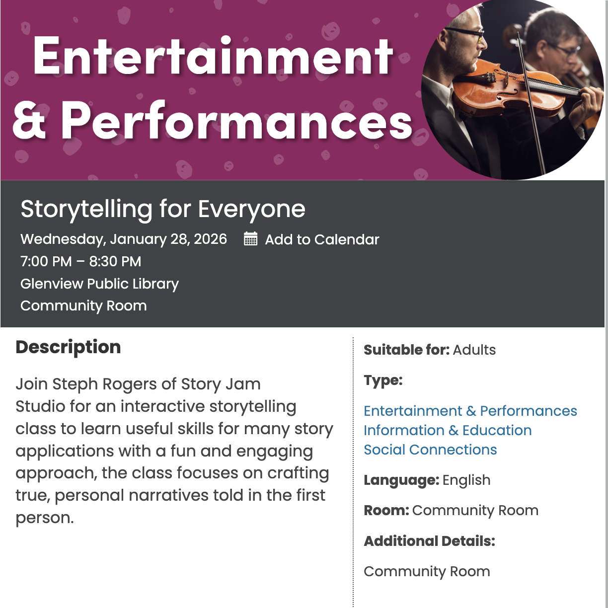 Storytelling For Everyone @ Glenview Library