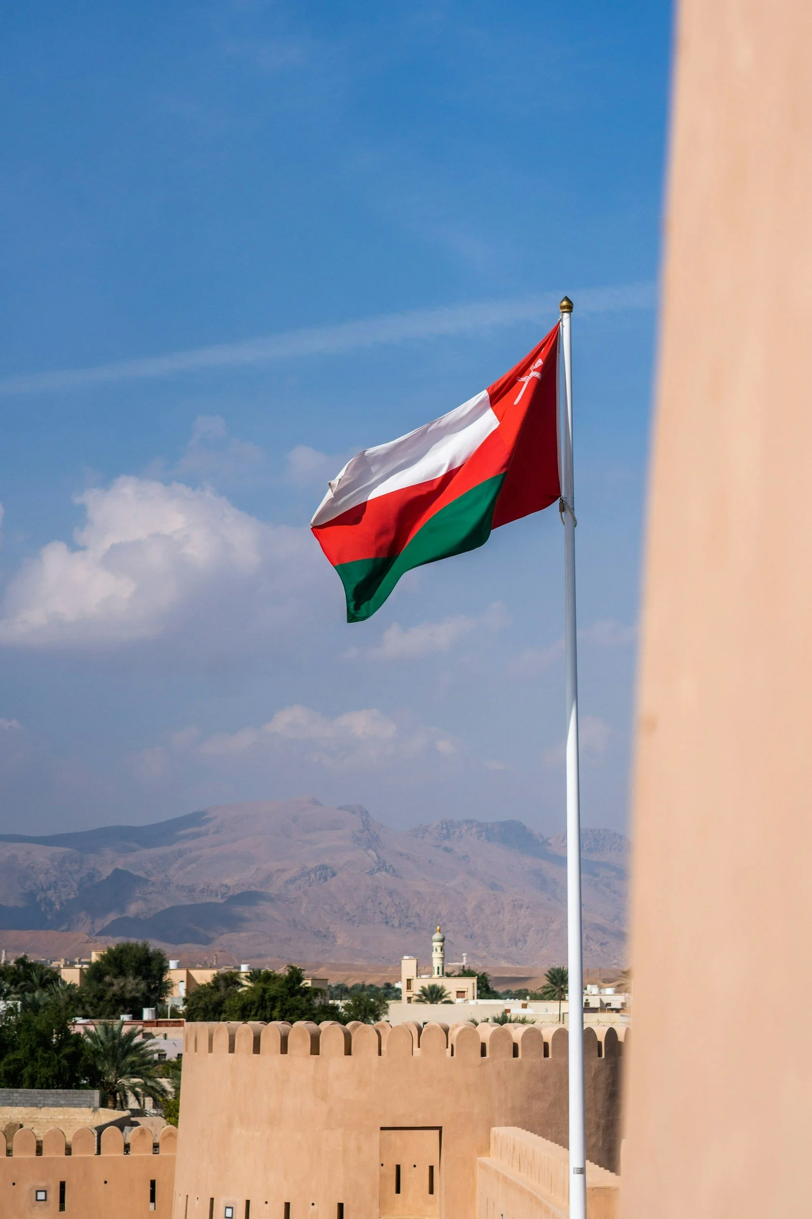 UAE flag flying on a flagpole with desert mountains and a traditional building in the background under a partly cloudy sky.