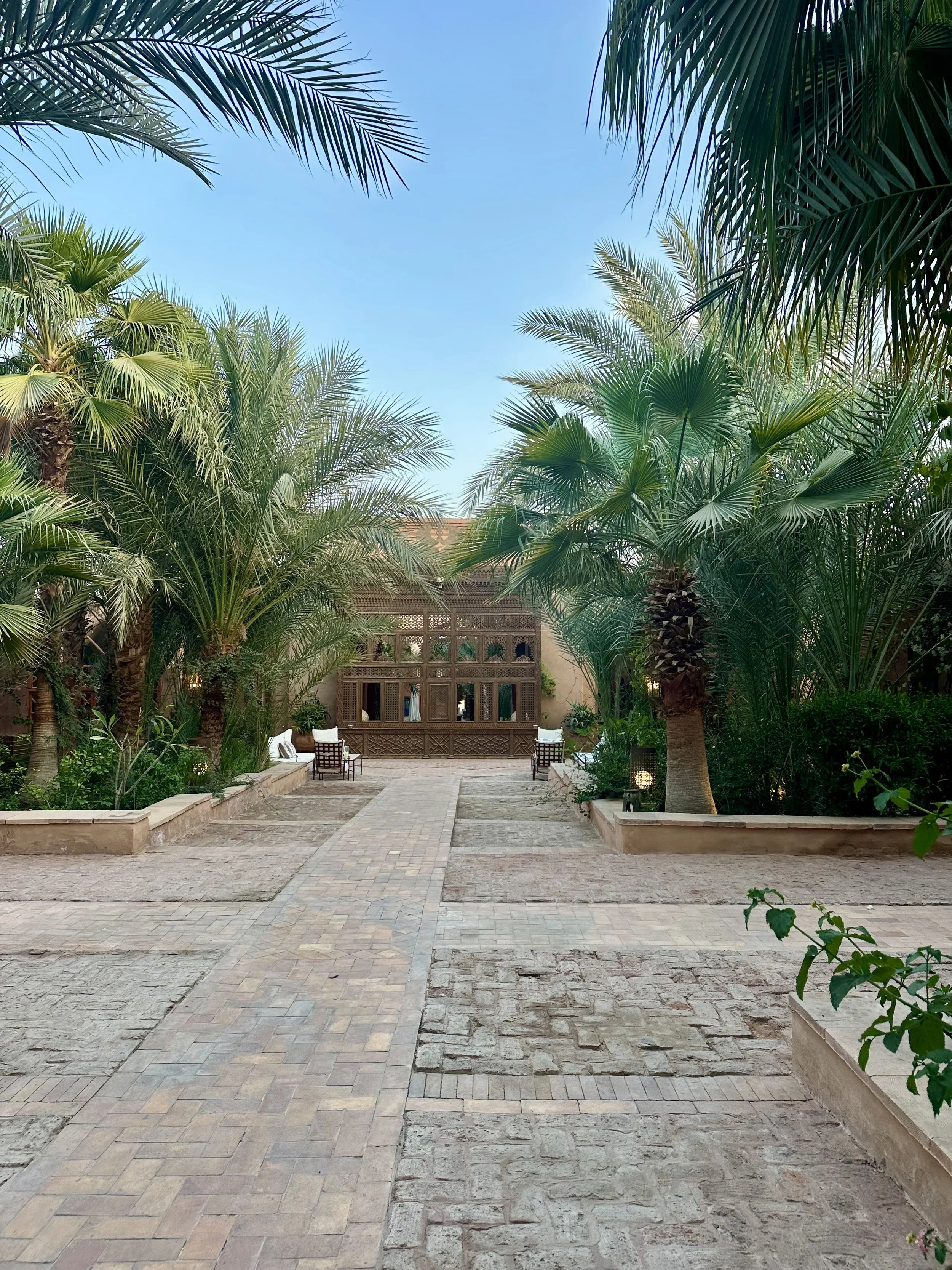 A courtyard with stone paving, lush green palm trees, and a traditional wooden structure in the background, under a clear blue sky.