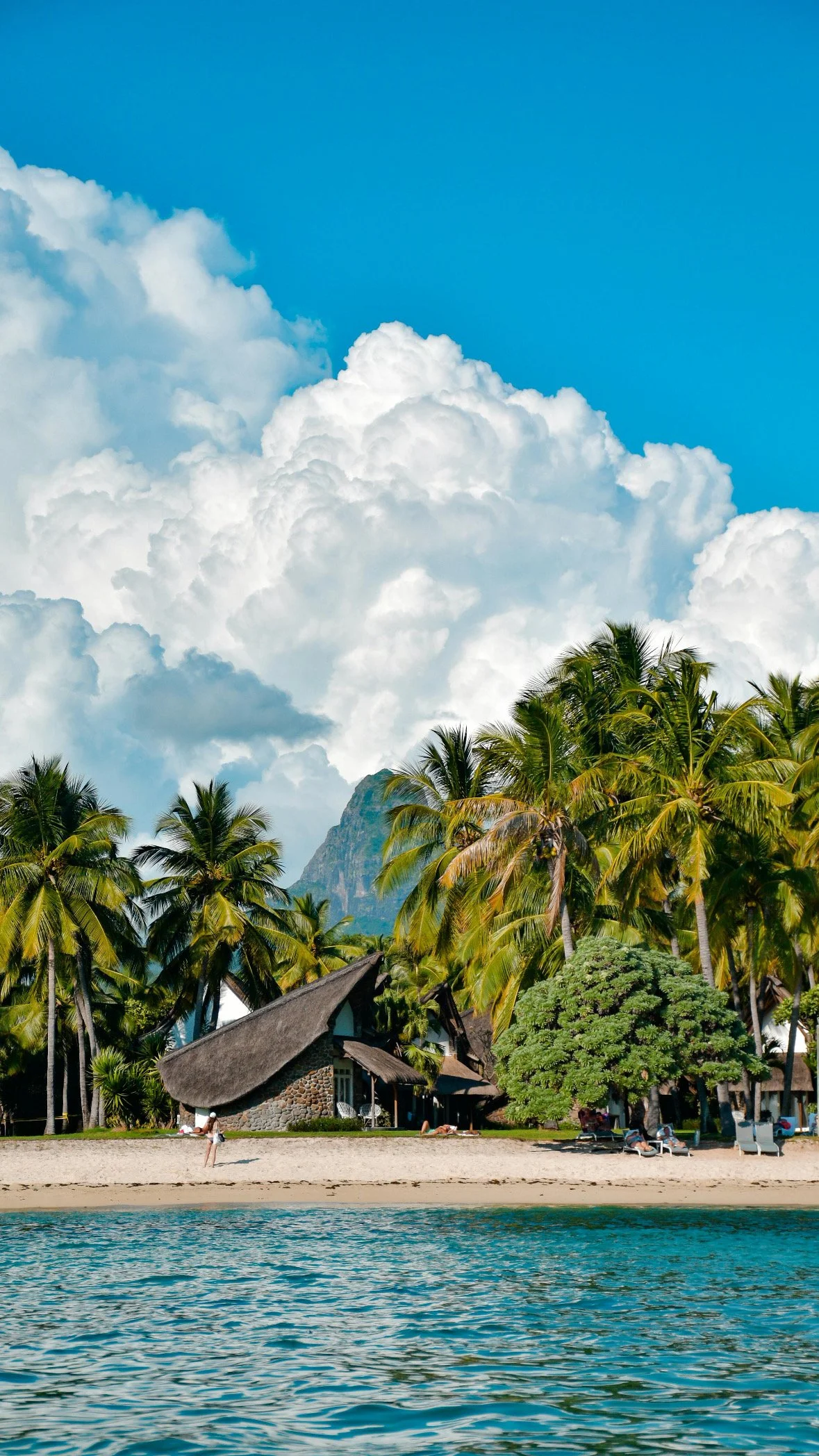 Beautiful beach in Bali with thatched-roof bungalow, tall palm trees, sandy shore, and blue sky with large white clouds.
