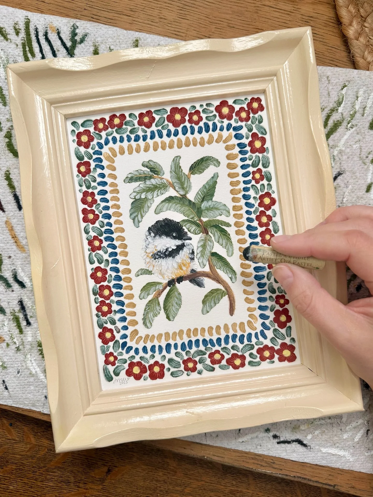 Introducing… oil pastel chickadee🥀 Today I took a risk, painting a new type of bird…risk worth taking? I think so🤍 
This piece is part of my last collection of the year, dropping in November! I’ll be creating one or two more ne