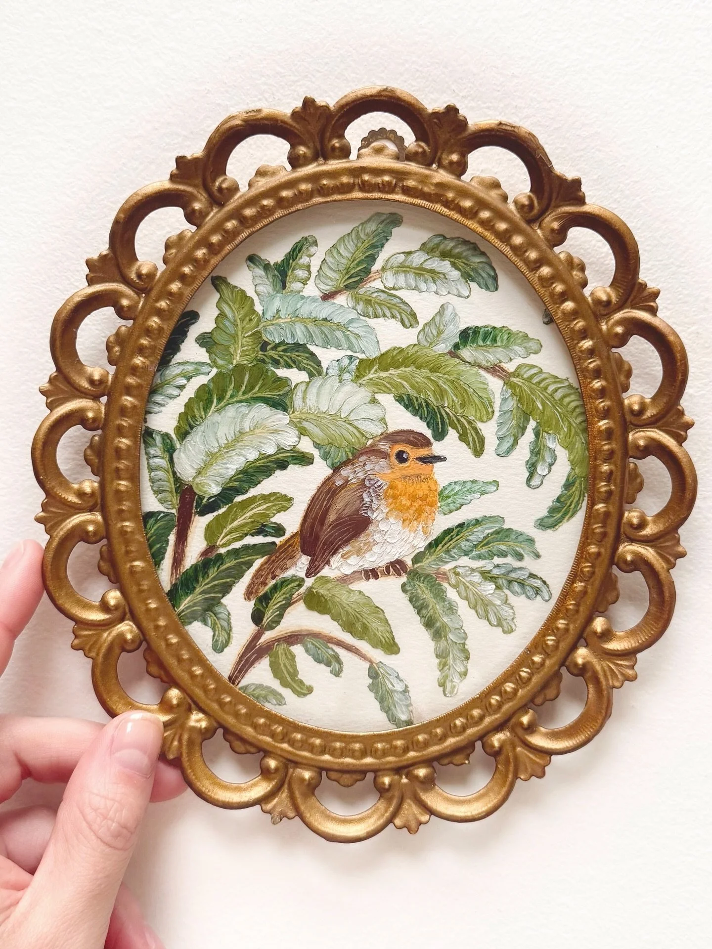 English Robin🌿Just outside your window, enjoying a restful moment within the fluffy leaves 🕊️ #oilpastel #birdart #fineart