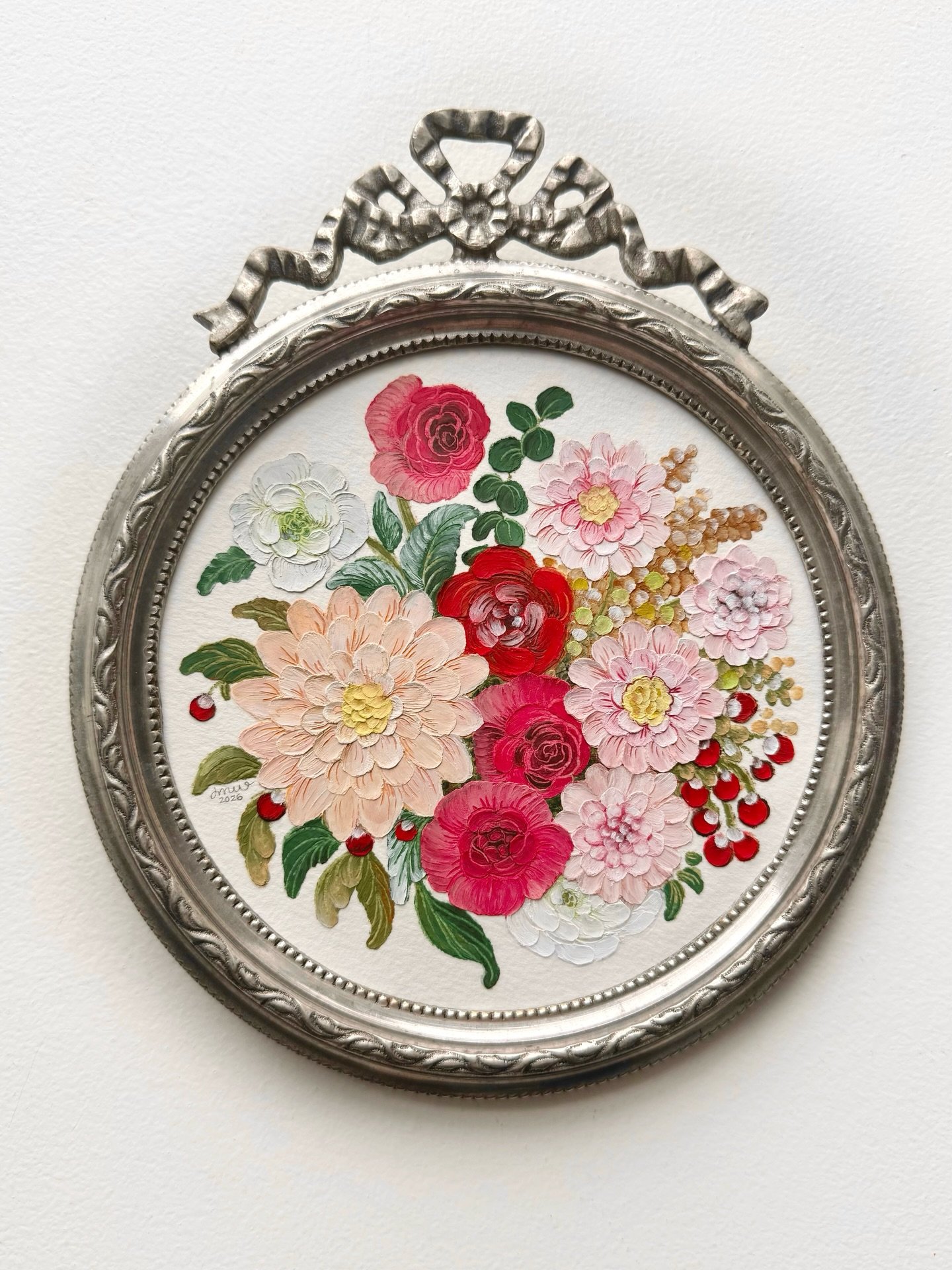 A bouquet of red roses, pink dahlias &amp; berries to brighten your day❤️ My next oil pastel collection is underway, can you guess the theme?💌