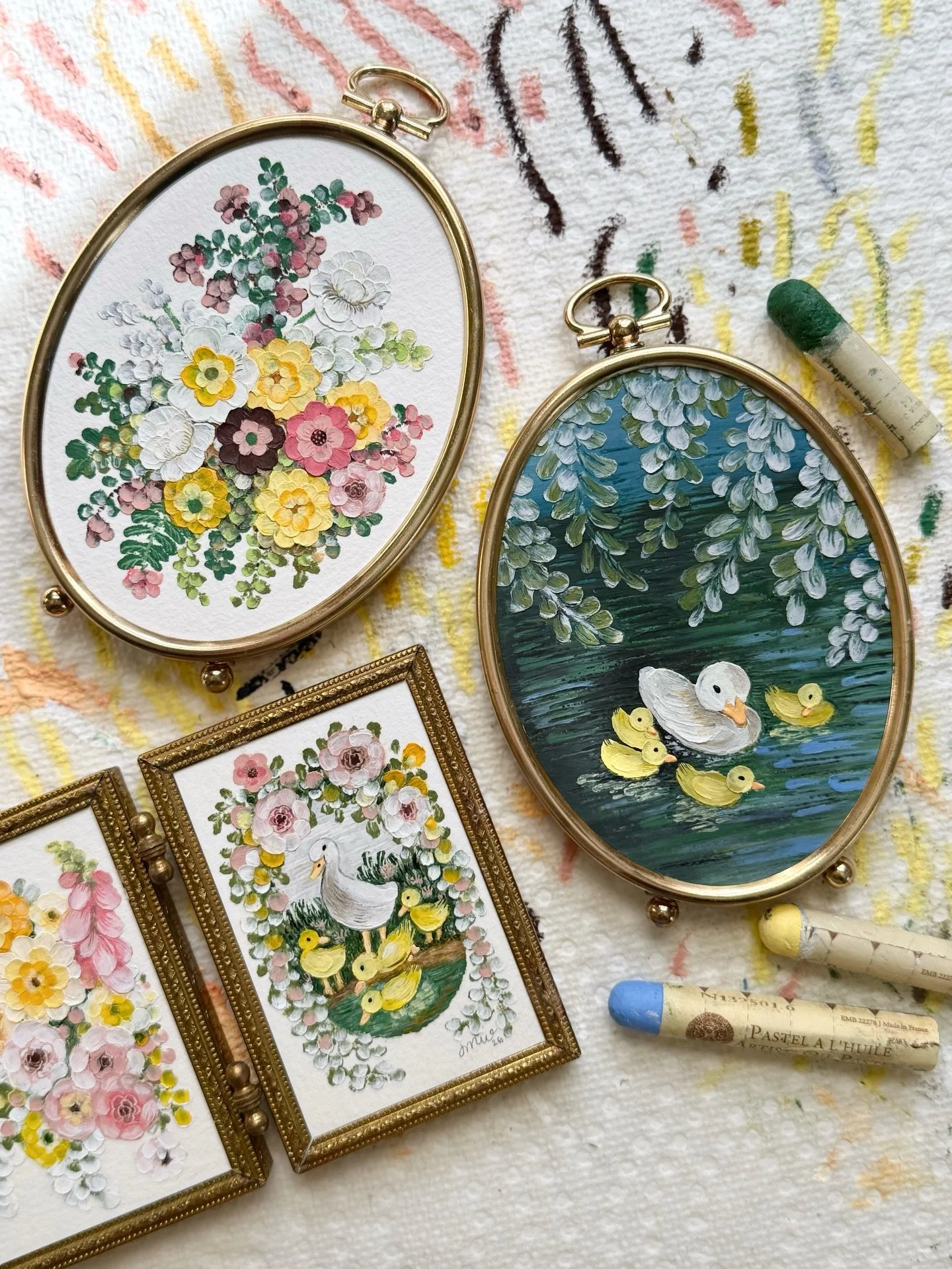 On my desk this week💛 COLLECTION DROP INFO: 
🌼 Friday, March 20th, 6pm ET 
🌼 www.jmwdesignmi.com (link in bio) 
🌼 Six new mini oil pastel originals displayed in vintage tabletop frames
🌼 International shipping available 
I&rsquo;m so excited to 