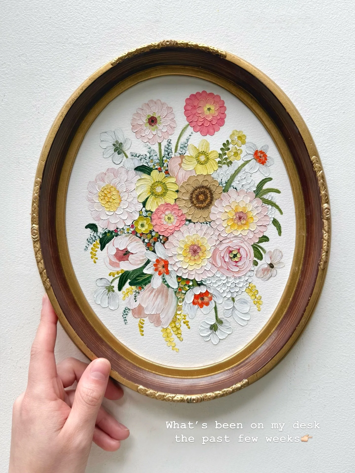 This month&rsquo;s theme: Pink &amp; yellow with pops of fiery orange &amp; blue spring blooms🌷🧡🌼🌀 My new collection is slowly growing, stay tuned for the official launch date✨ #oilpastel #artprocess #oilpainting #vintgaeframe #springdecor