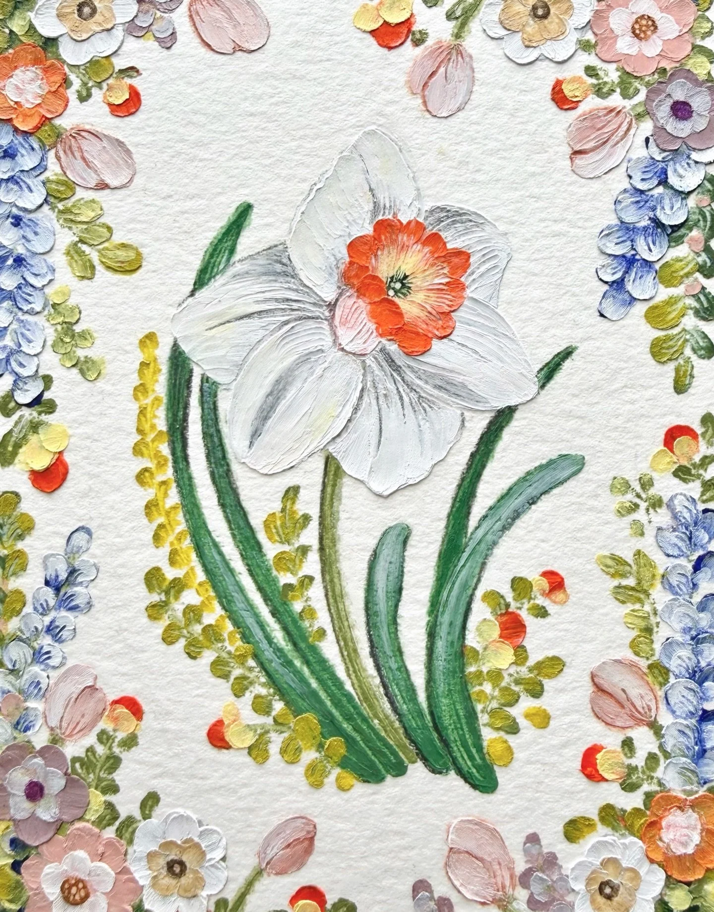 Happy Sunday🤍 One last look at the textures in my spring blooms collection✨🌷 

#oilpastelart #artcollection #springblooms #textureart #daffodil