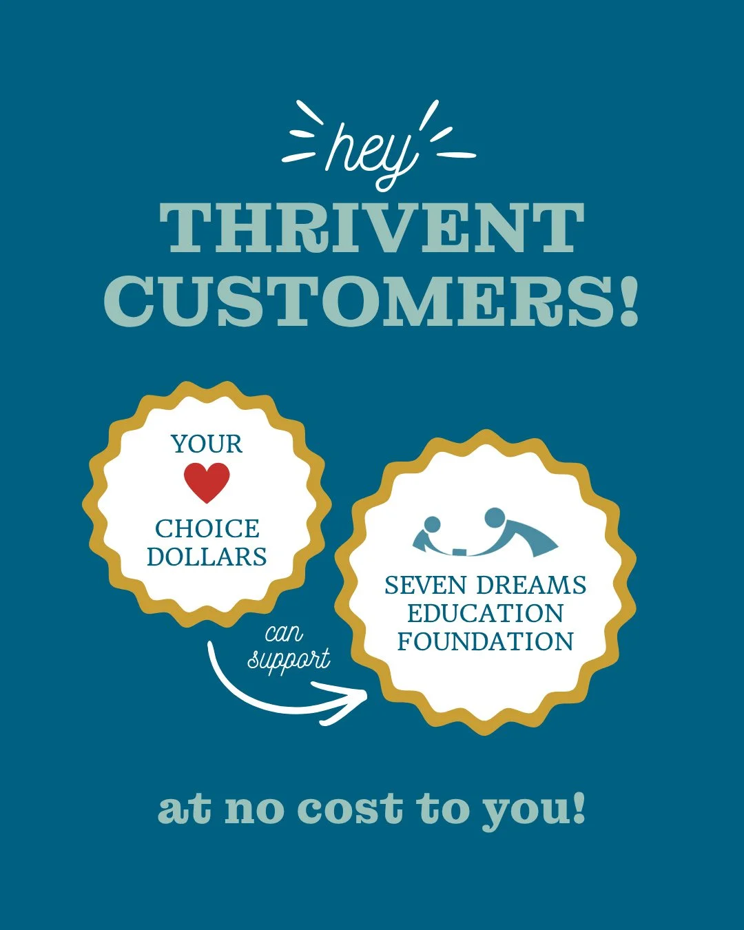 Notice to Thrivent Customers! ⁠
⁠
We are officially enrolled in Thrivent Choice!! ⁠
⁠
This means you can donate through Thrivent directly to Seven Dreams Education Foundation as part of their charitable giving program. ⁠
⁠
No cost to you, great benef