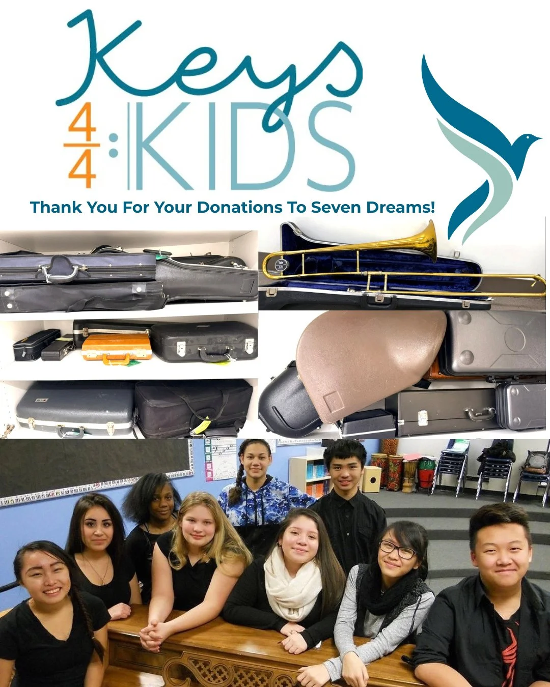 Seven Dreams Education Foundation is deeply grateful to Keys 4:4 Kids for their recent donation of just over 20 band and orchestra instruments for our Instruments 4 Kids program! ⁠
⁠
These instruments are currently on their way to be repaired/refurbi