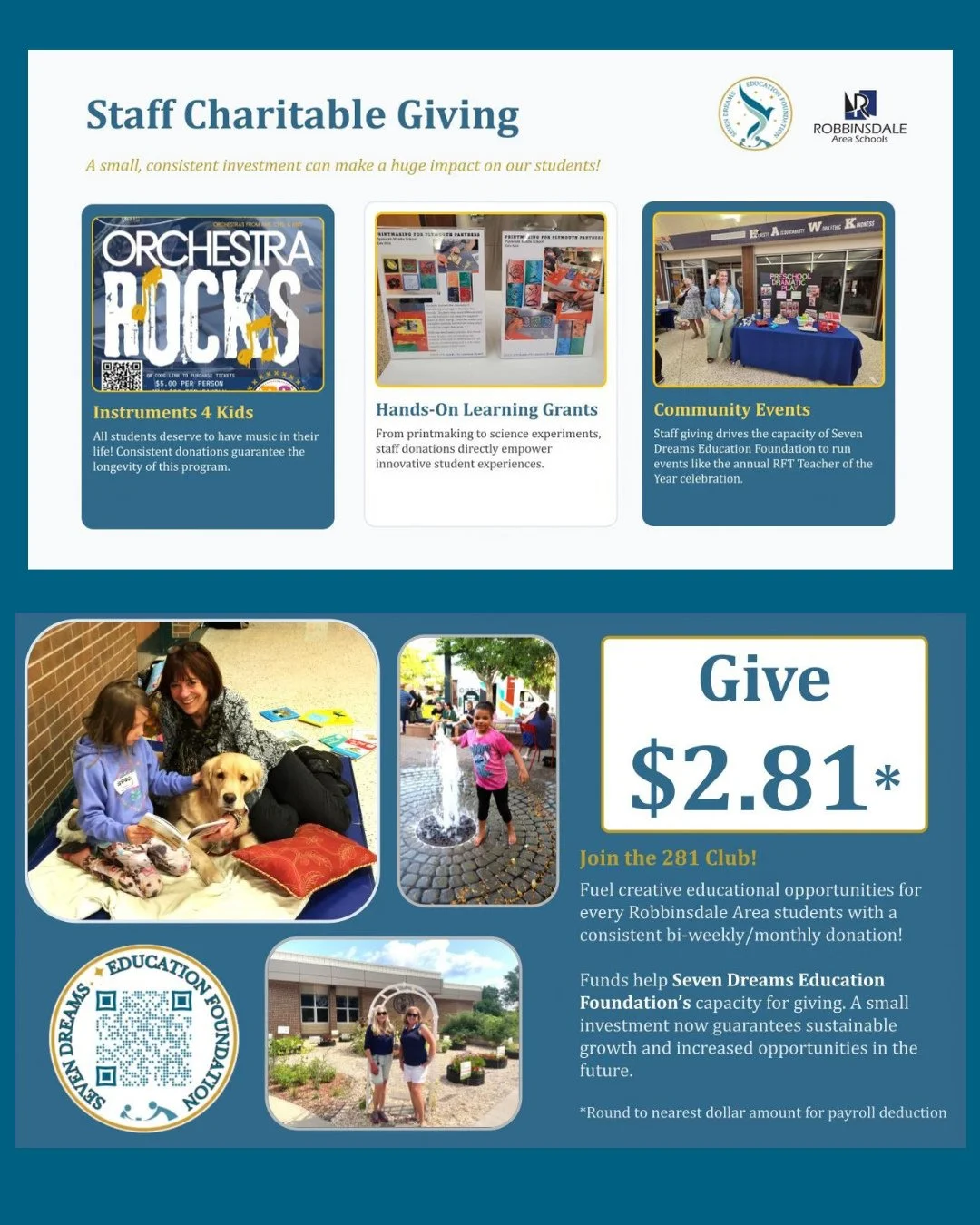 A small, consistent investment can make a huge impact. ⁠
⁠
If you're a staff member at Robbinsdale Area Schools, the charitable staff giving campaign runs through October 30. Seven Dreams Education Foundation is one of the organizations you can choos