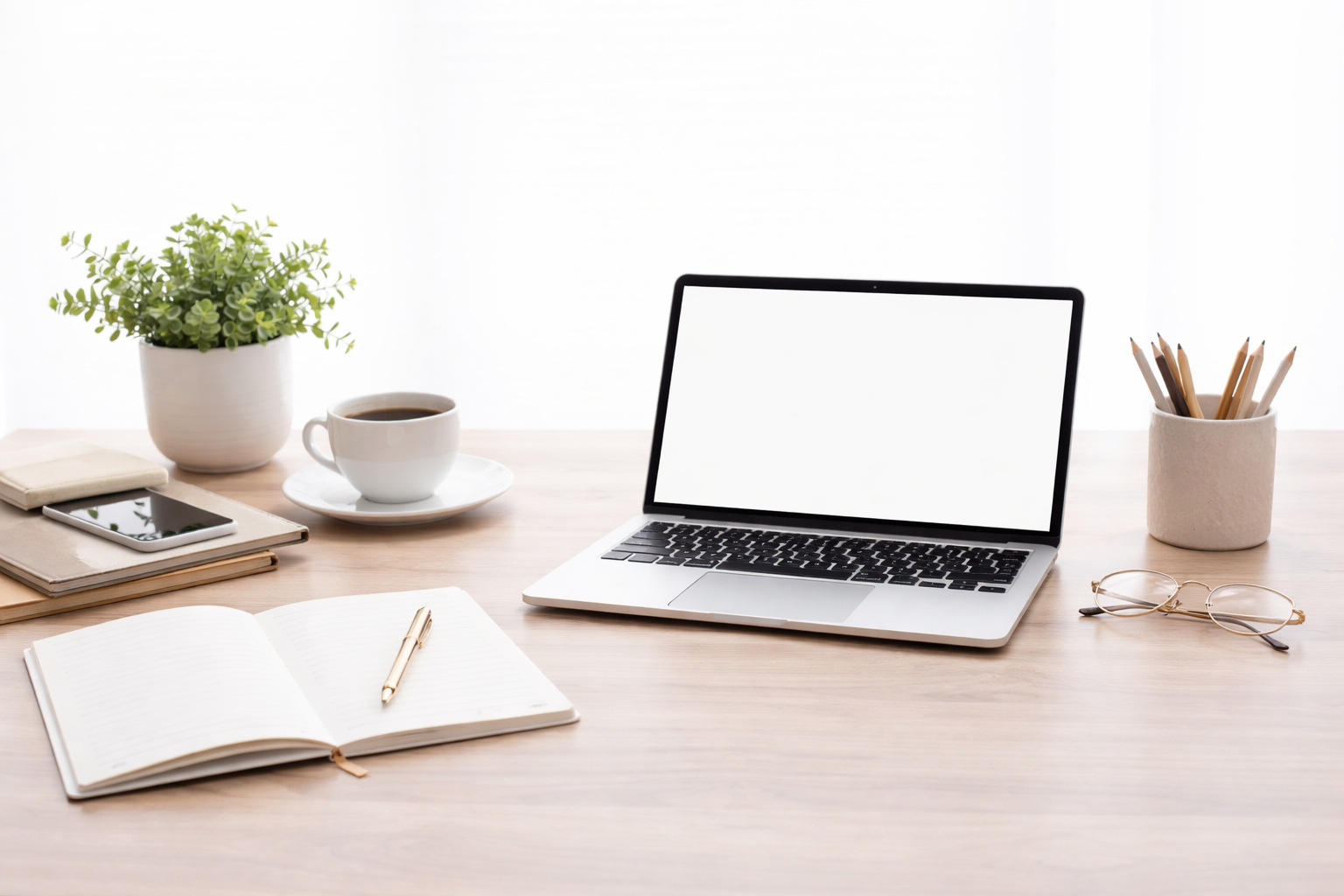 Clean workspace with a laptop, open notebook with a pen, glasses, potted plant, cup of coffee, smartphone on notebooks, and a cup with pencils on a light wooden desk.