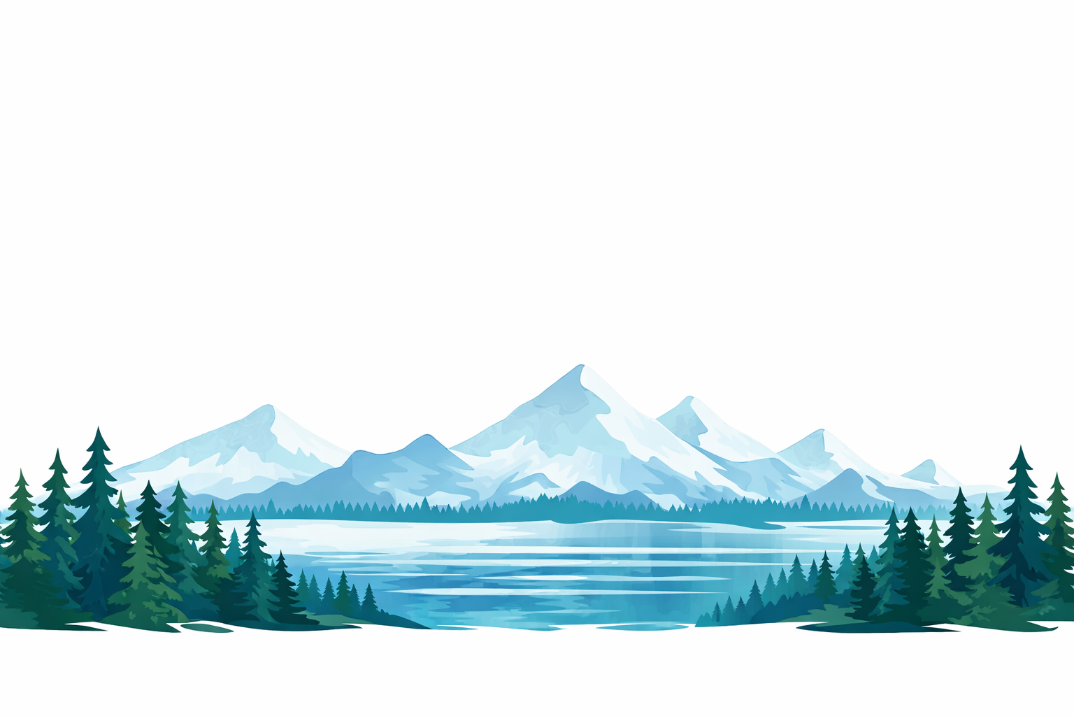 A scenic winter landscape with snow-capped mountains in the background, a partially frozen lake in the middle, and a dense forest of pine trees in the foreground.