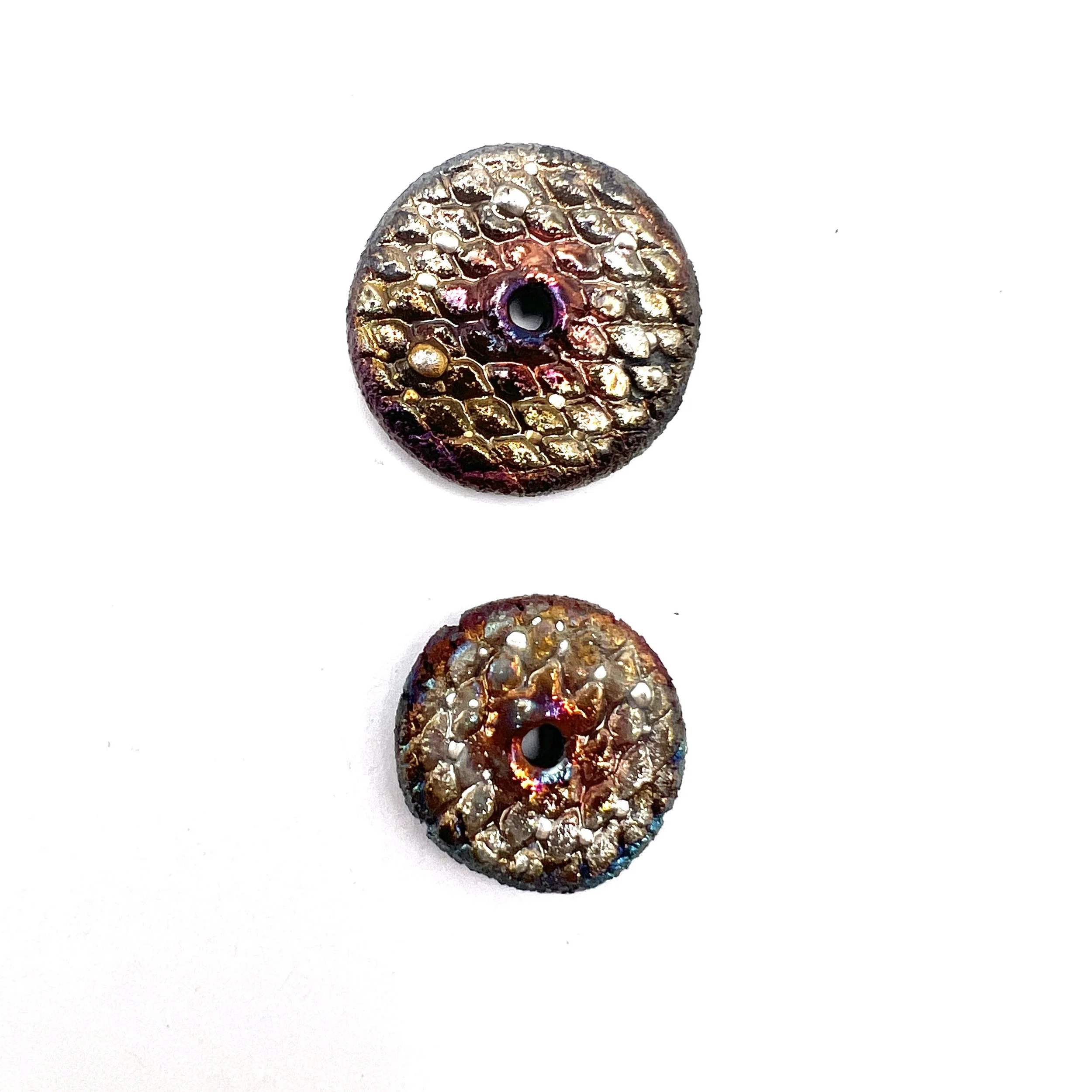 BIG BIG SALE! One Larger than the Other Set of 2 Disc Beads with Fine Silver Raku Ceramic Pottery Jewelry Supplies Handmade by MAKUstudio MAKU raku
