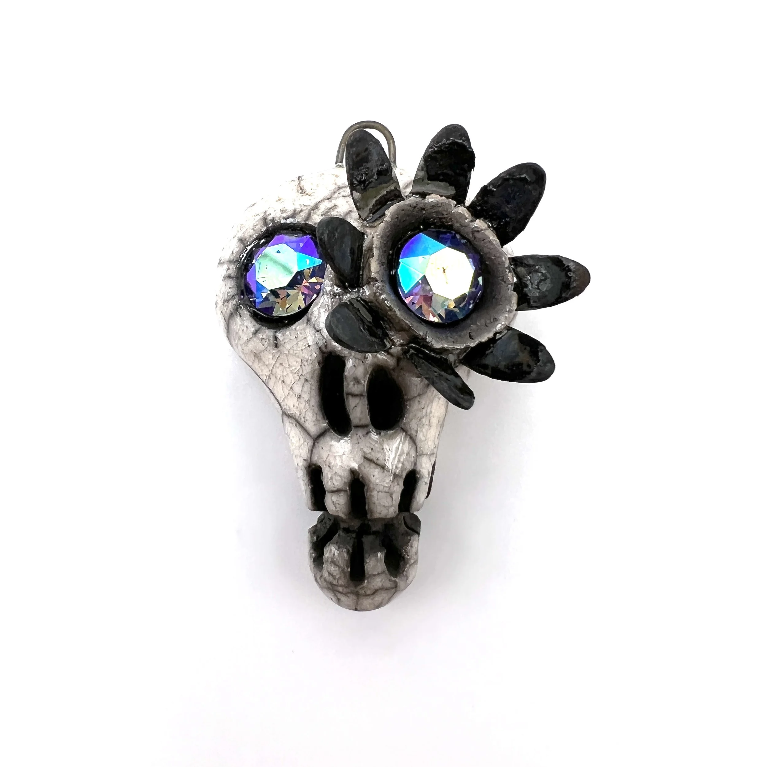 Flower Eye Raku Skull Pendant Ceramic Jewelry Supplies Handmade by MAKUstudio