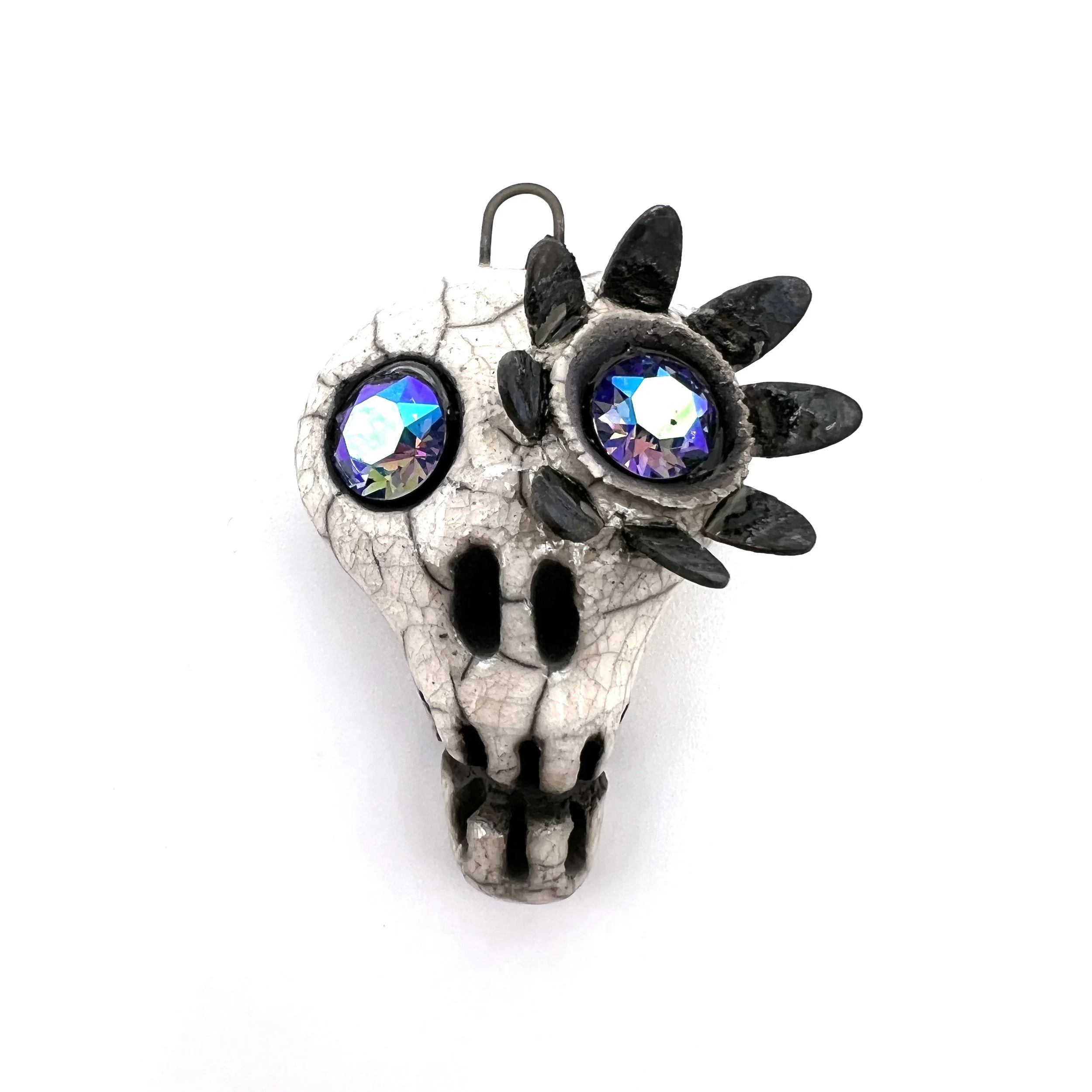 Flower Eye Raku Skull Pendant Ceramic Jewelry Supplies Handmade by MAKUstudio