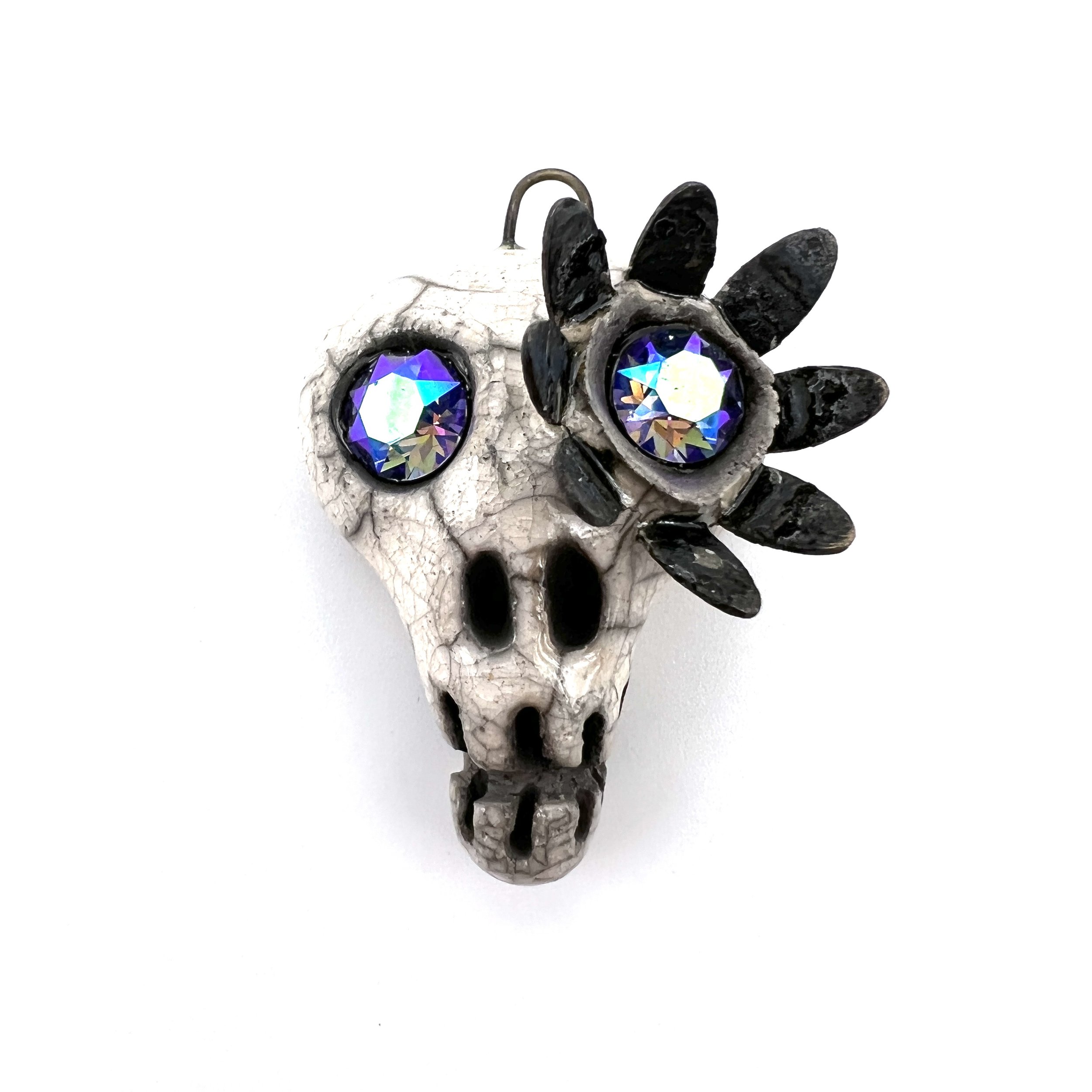 Flower Eye Raku Skull Pendant Ceramic Jewelry Supplies Handmade by MAKUstudio