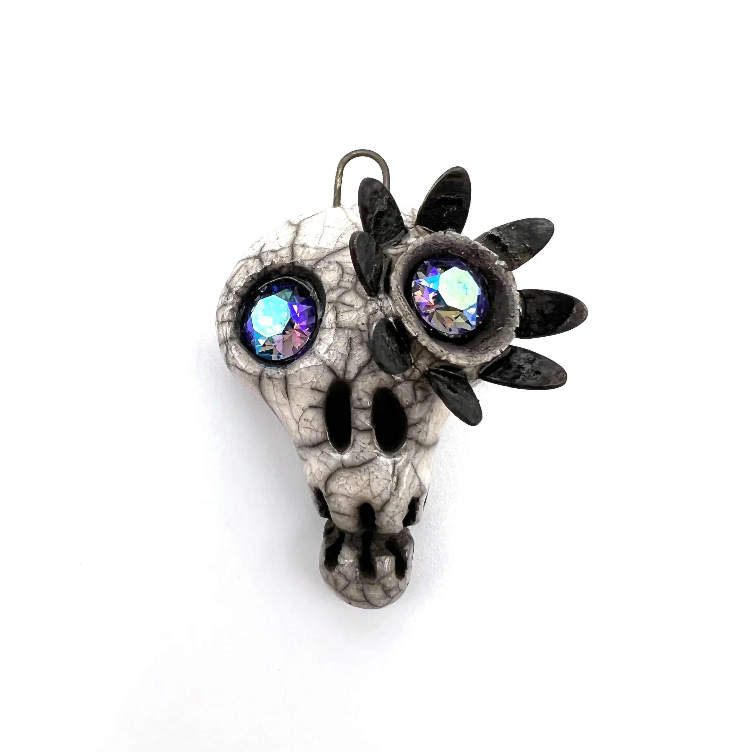 Flower Eye Raku Skull Pendant Ceramic Jewelry Supplies Handmade by MAKUstudio