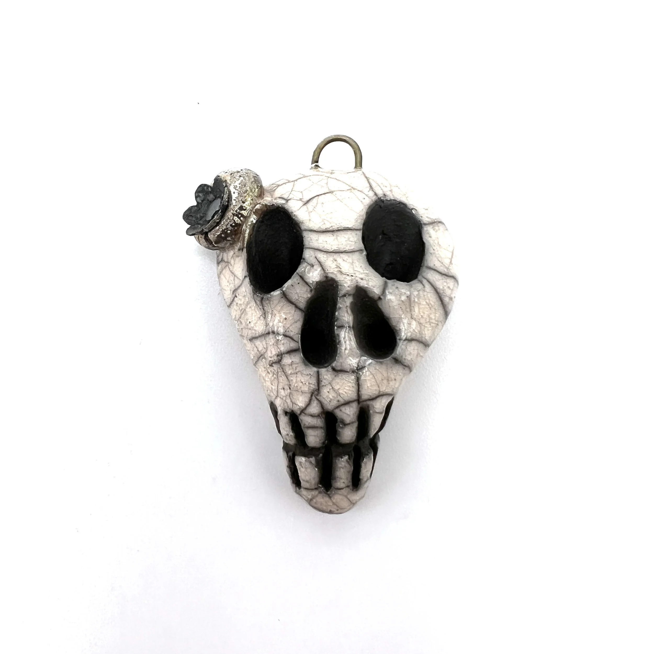 Bride of Frankenstein Raku Skull Pendant Ceramic Jewelry Supplies Handmade by MAKUstudio