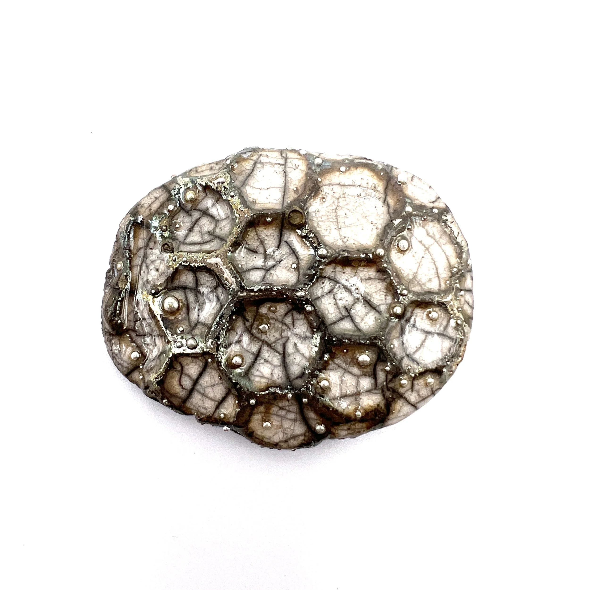 White Crackle and Silver Honeycomb Raku Cabochon Jewelry Supply Handmade by MAKUstudio