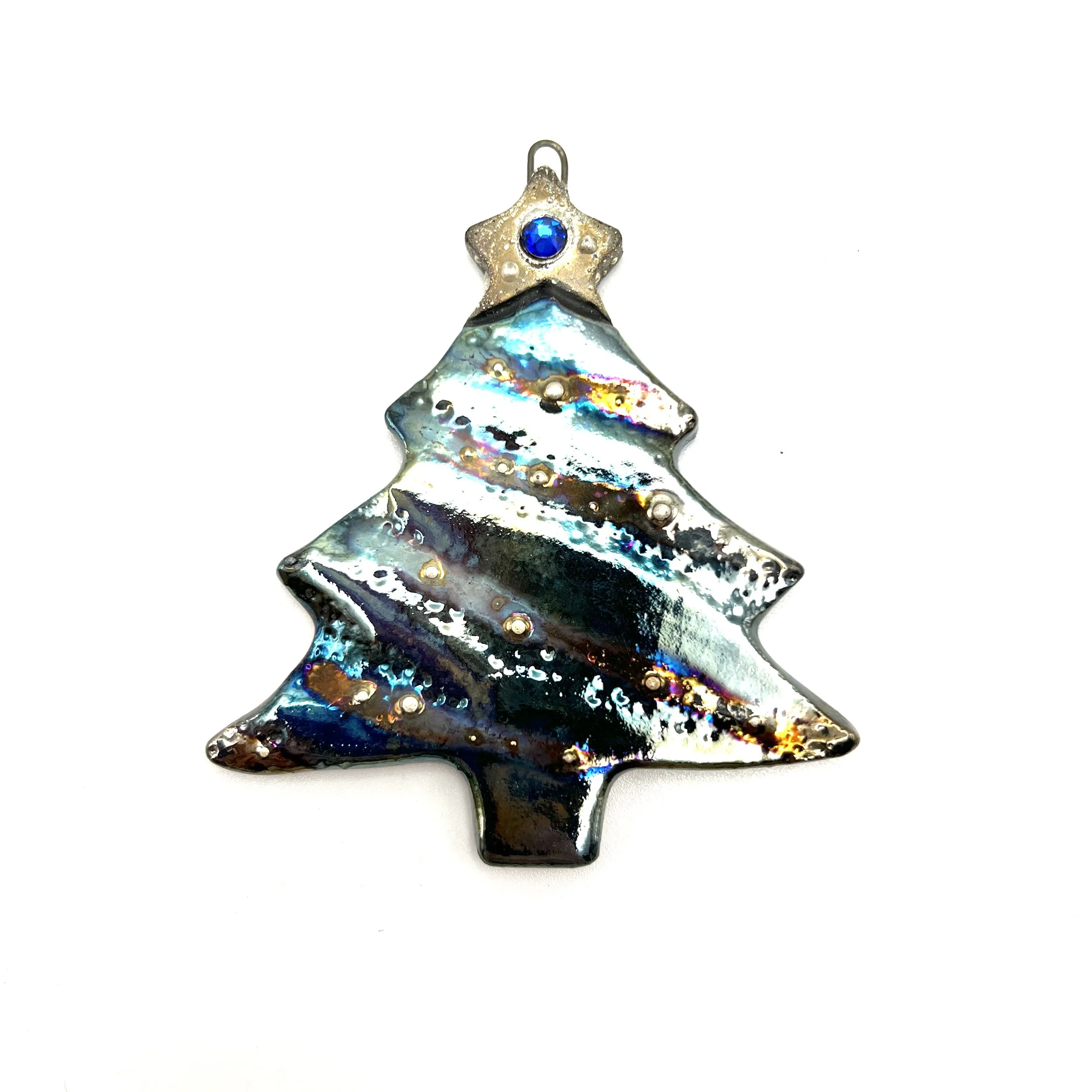 Raku Christmas Tree with Star Ornament or Pendant Ceramic Jewelry Supply Handmade by MAKUstudio
