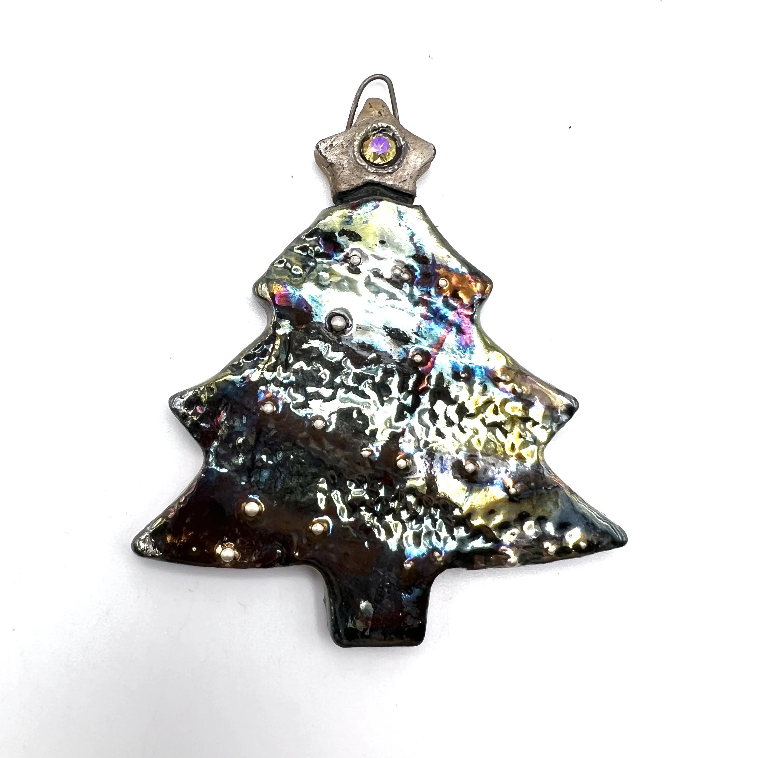 Raku Christmas Tree with Star Ornament or Pendant Ceramic Jewelry Supply Handmade by MAKUstudio