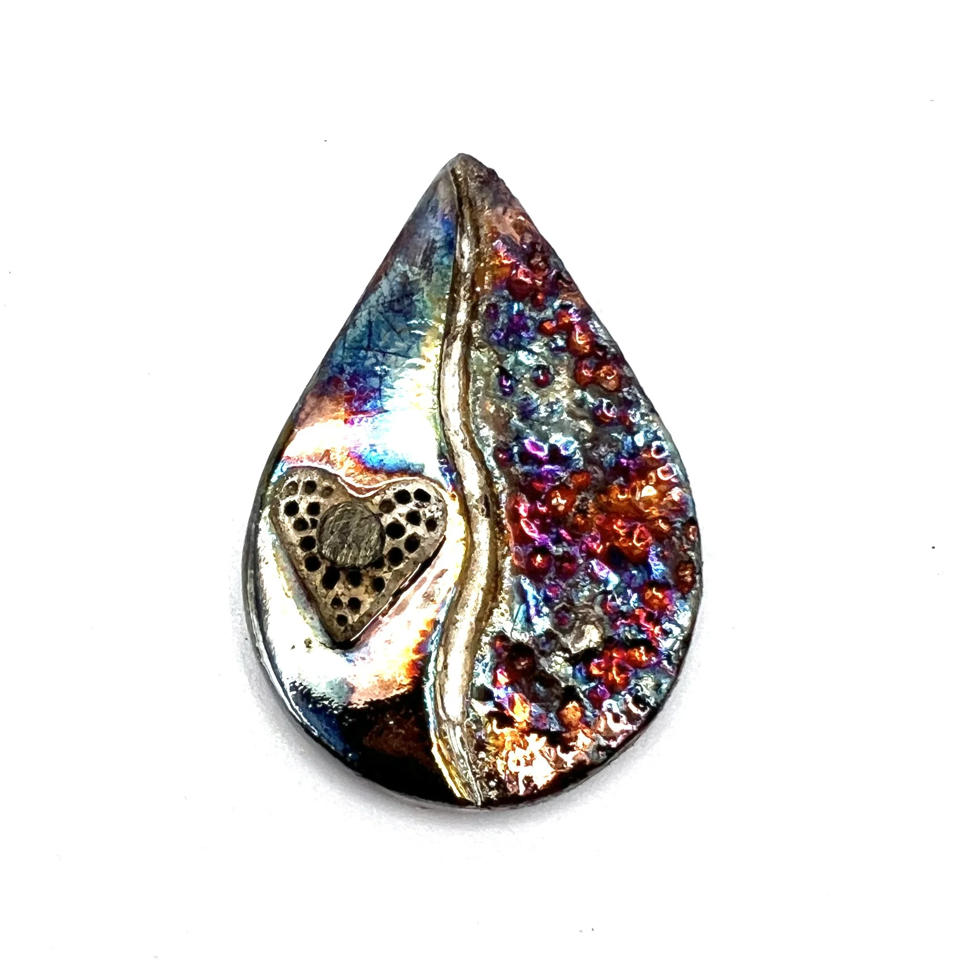 Teardrop with Silver Heart Raku Cabochon Jewelry Supply Handmade by MAKUstudio