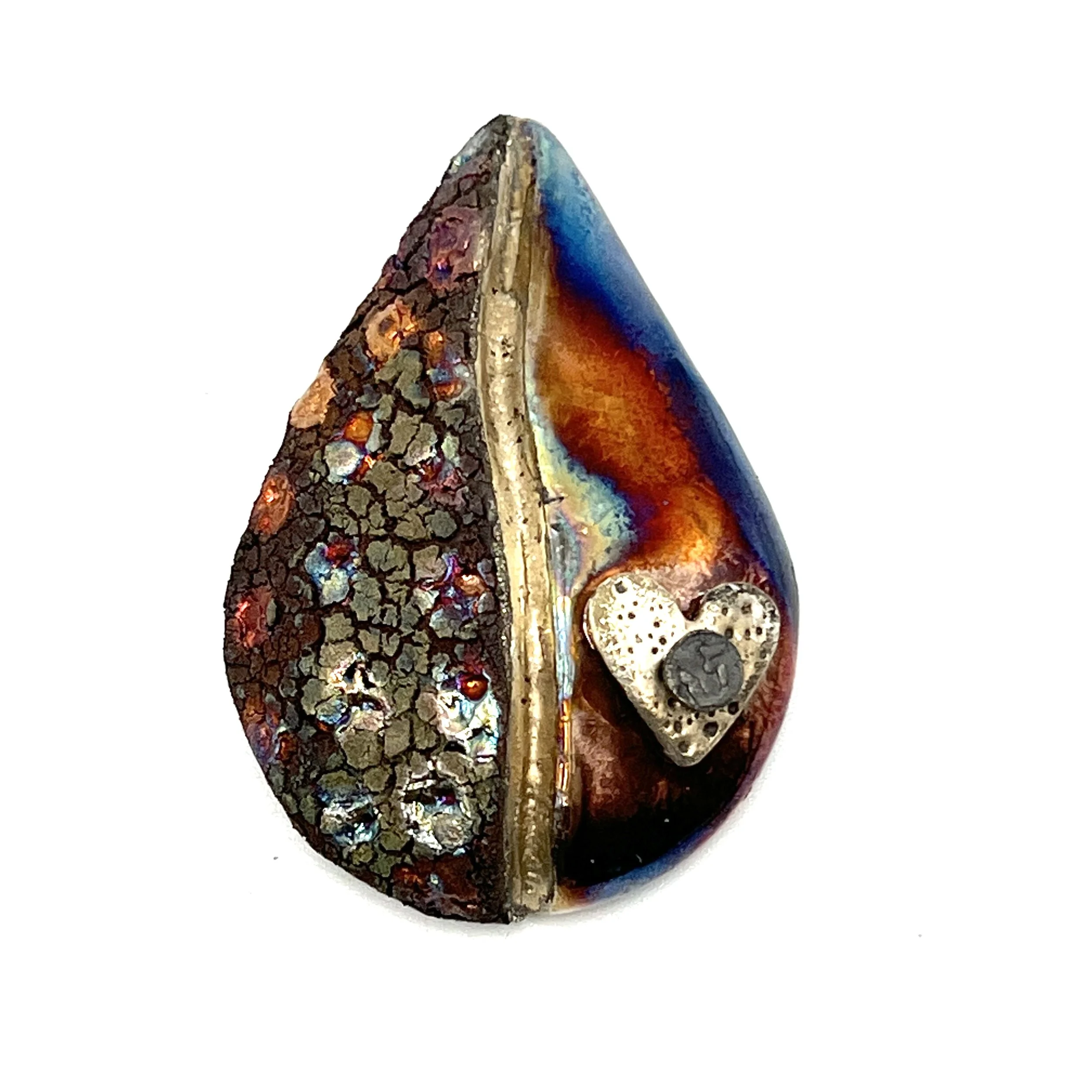 Teardrop with Silver Heart Raku Cabochon Jewelry Supply Handmade by MAKUstudio