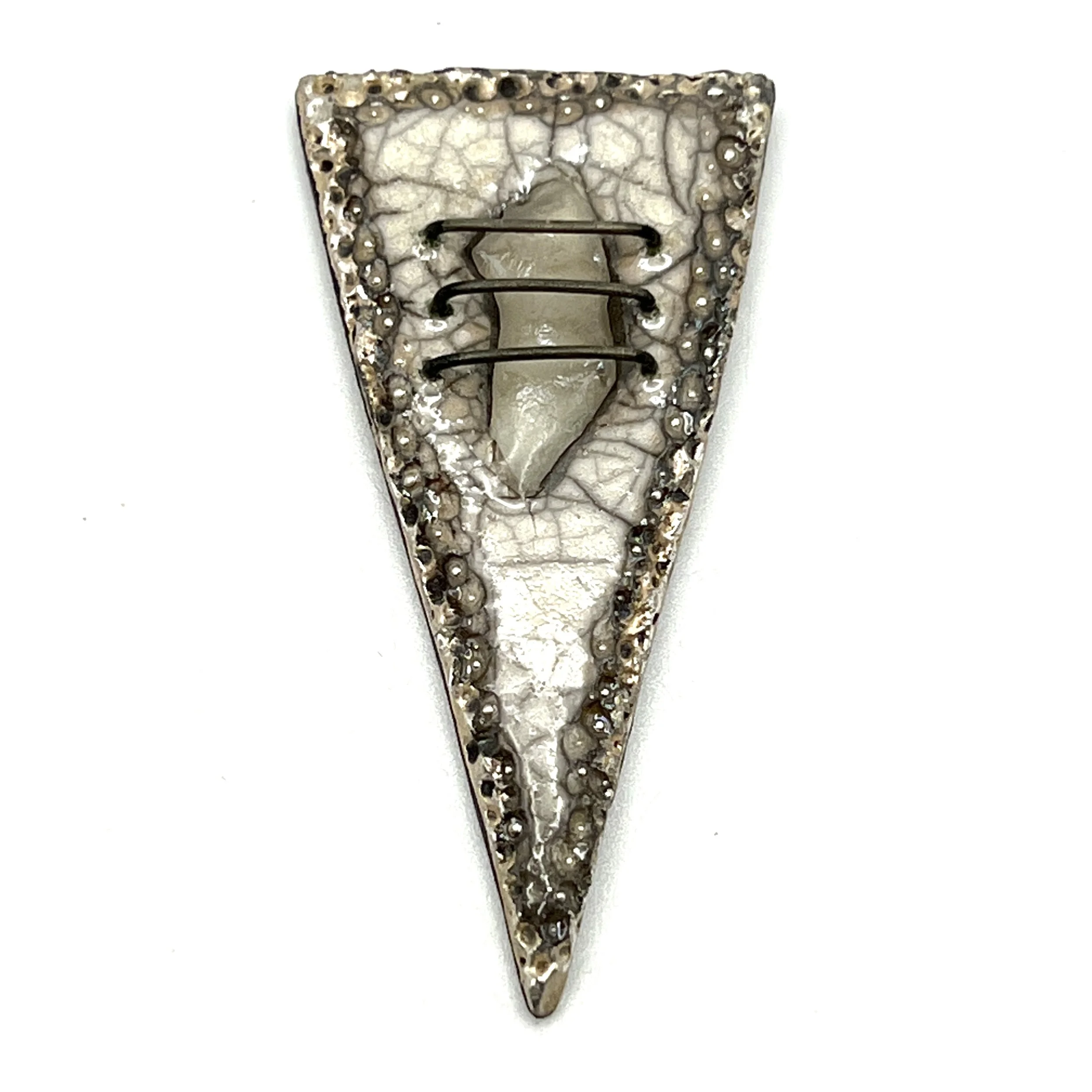 White Crackle and Silver Triangle Raku Cabochon Ceramic Jewelry Supply Handmade by MAKUstudio