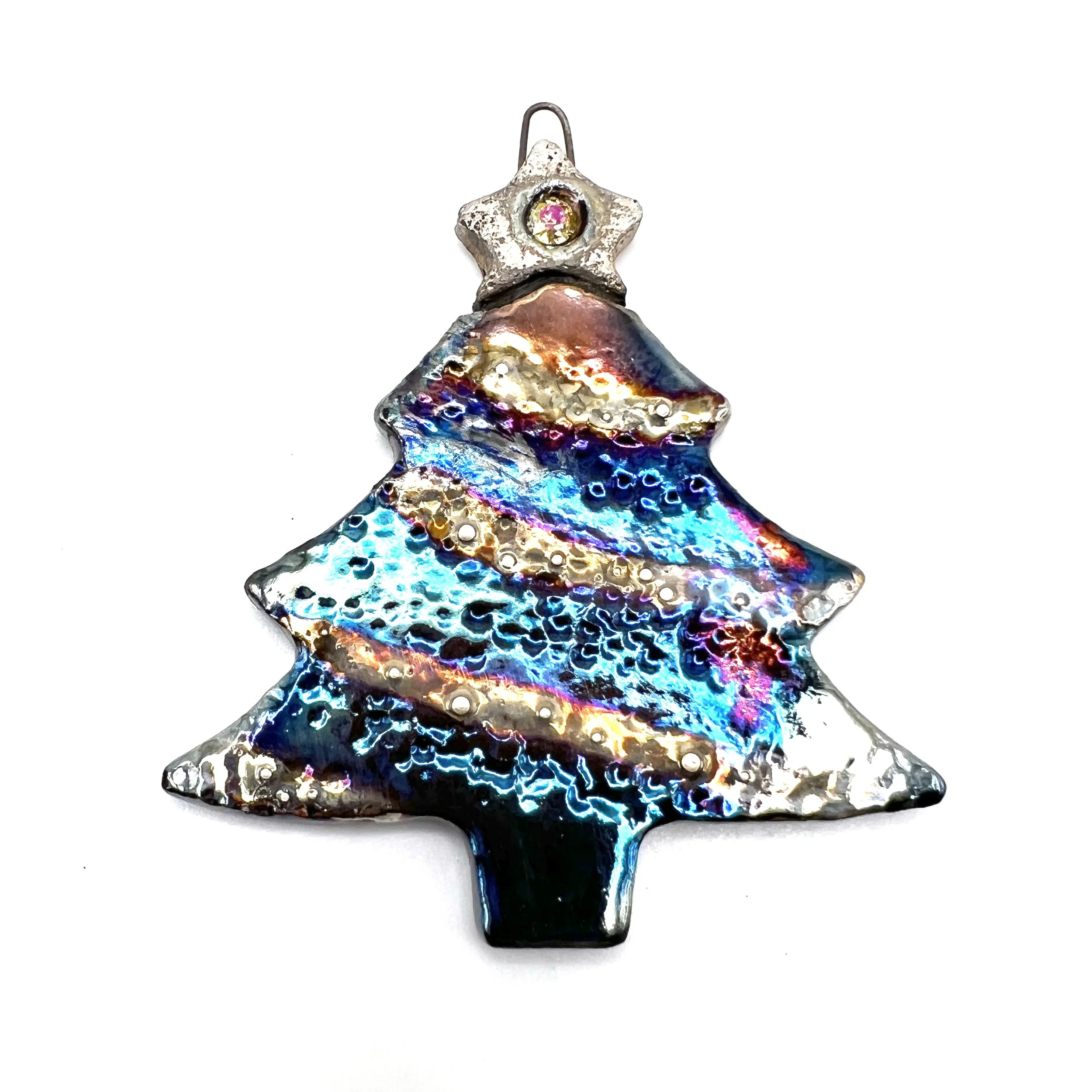 Raku Christmas Tree with Star Ornament or Pendant Ceramic Jewelry Supply Handmade by MAKUstudio