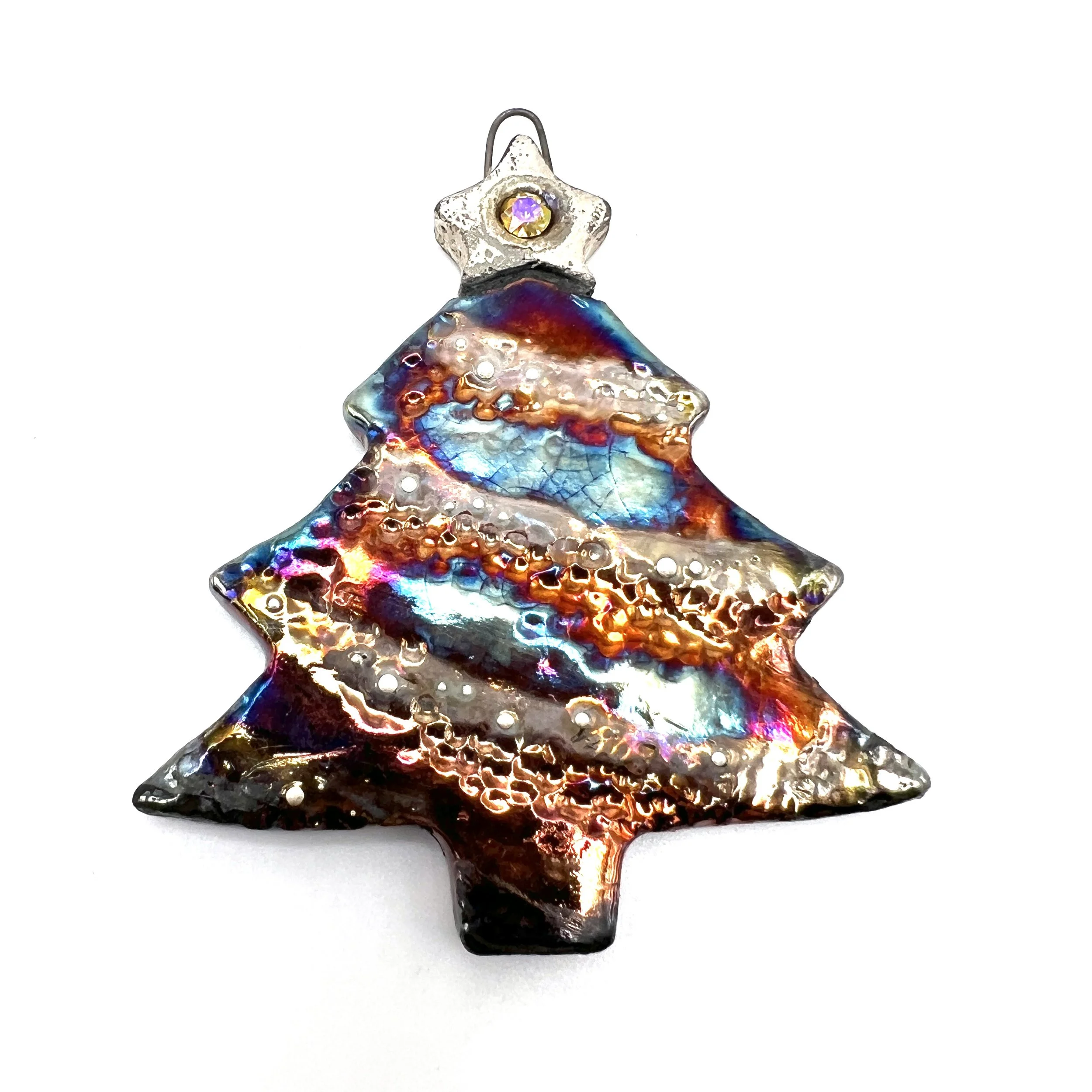 Raku Christmas Tree with Star Ornament or Pendant Ceramic Jewelry Supply Handmade by MAKUstudio