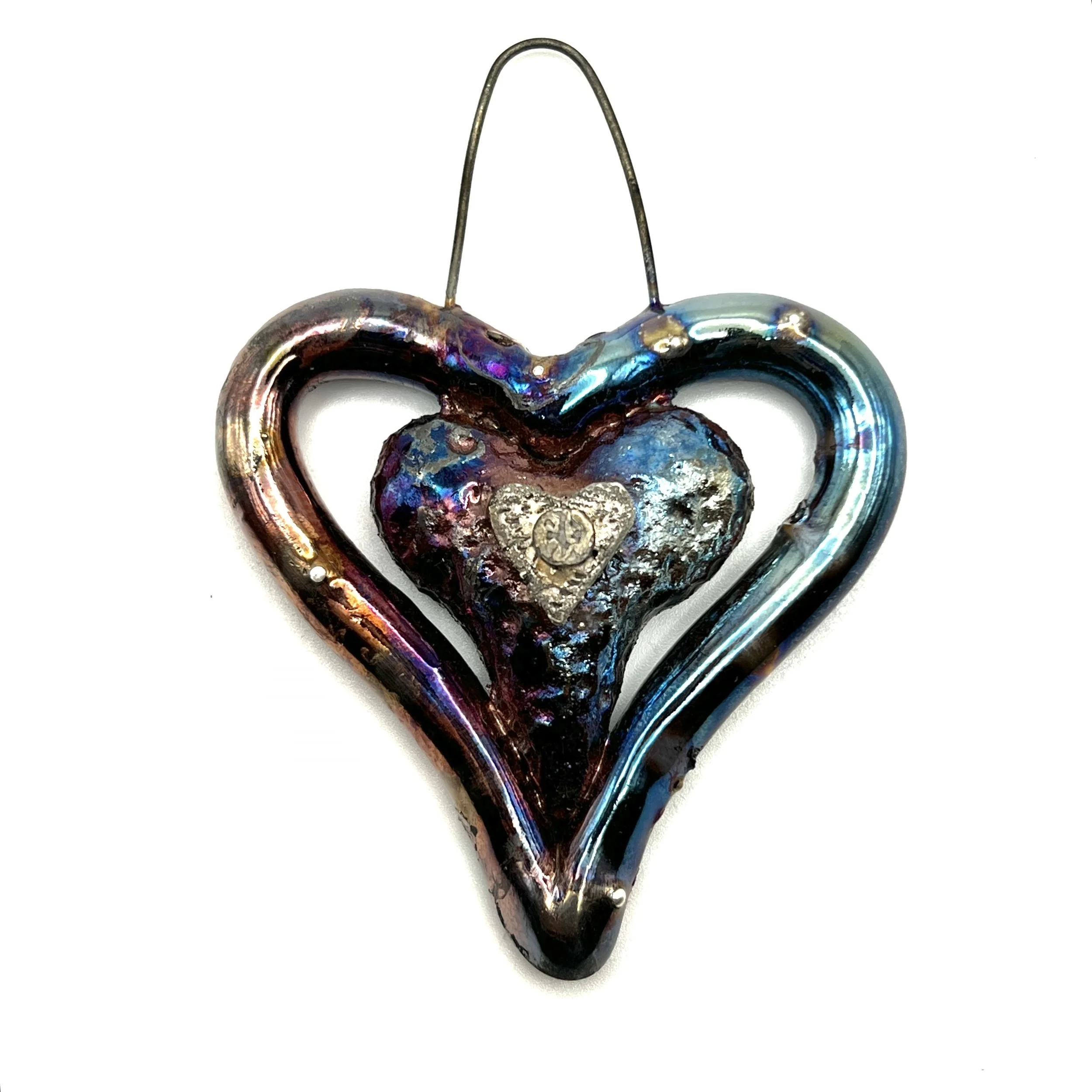 Raku Heart within a Heart Pendant Ceramic Jewelry Supply Handmade by MAKUstudio