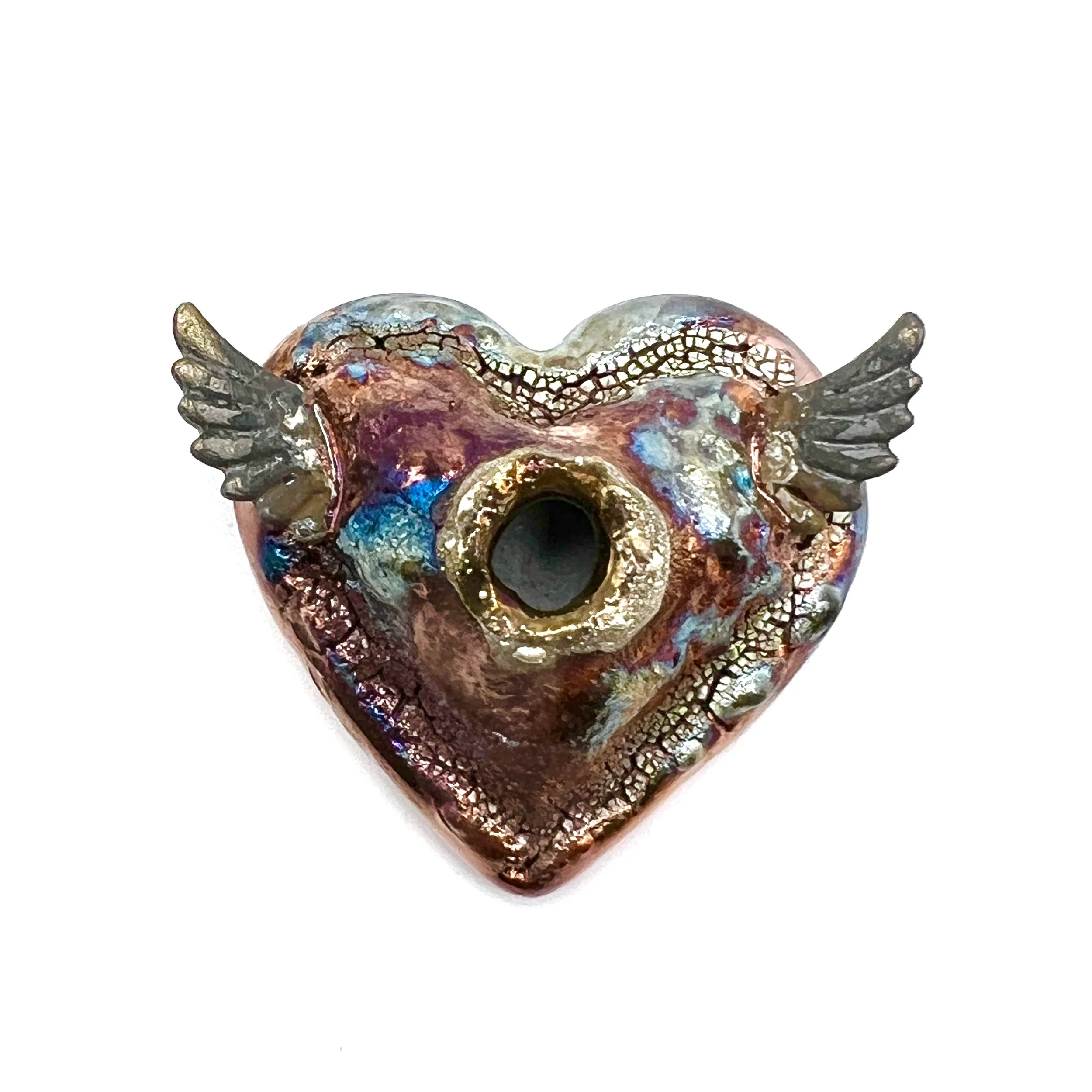 Winged Angel Raku Heart Cabochon Ceramic Jewelry Supply Handmade by MAKUstudio