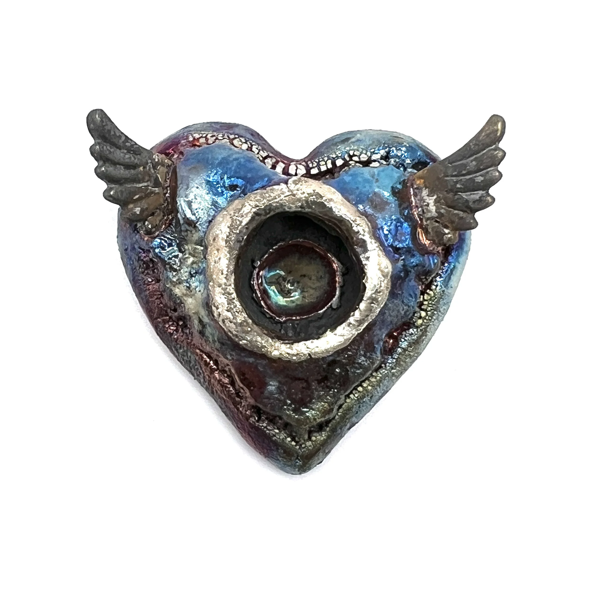 Winged Angel Raku Heart Cabochon Ceramic Jewelry Supply Handmade by MAKUstudio