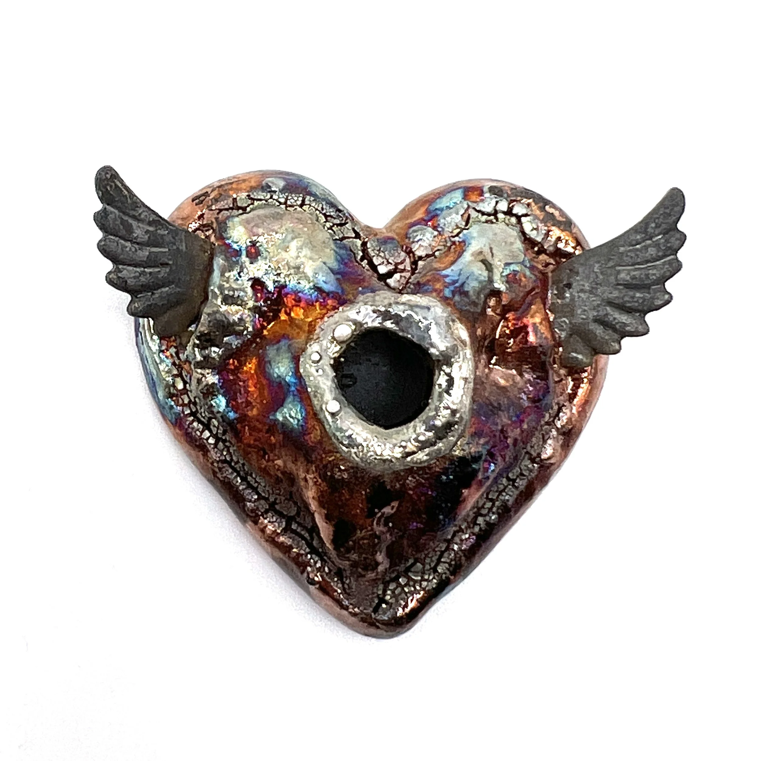 Winged Angel Raku Heart Cabochon Ceramic Jewelry Supply Handmade by MAKUstudio