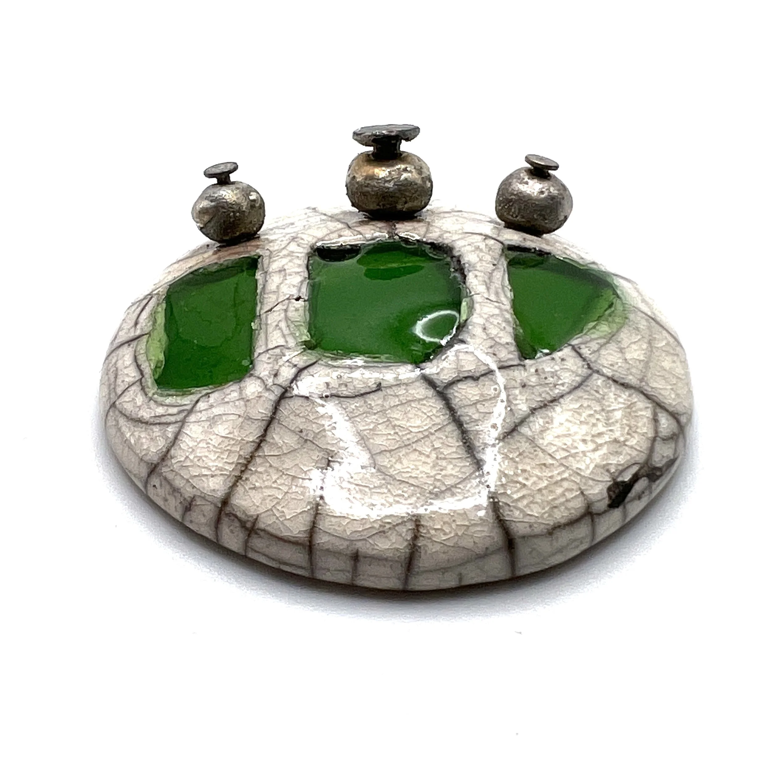 White Crackle Green Silver Raku Cabochon Jewelry Supply Handmade by MAKUstudio